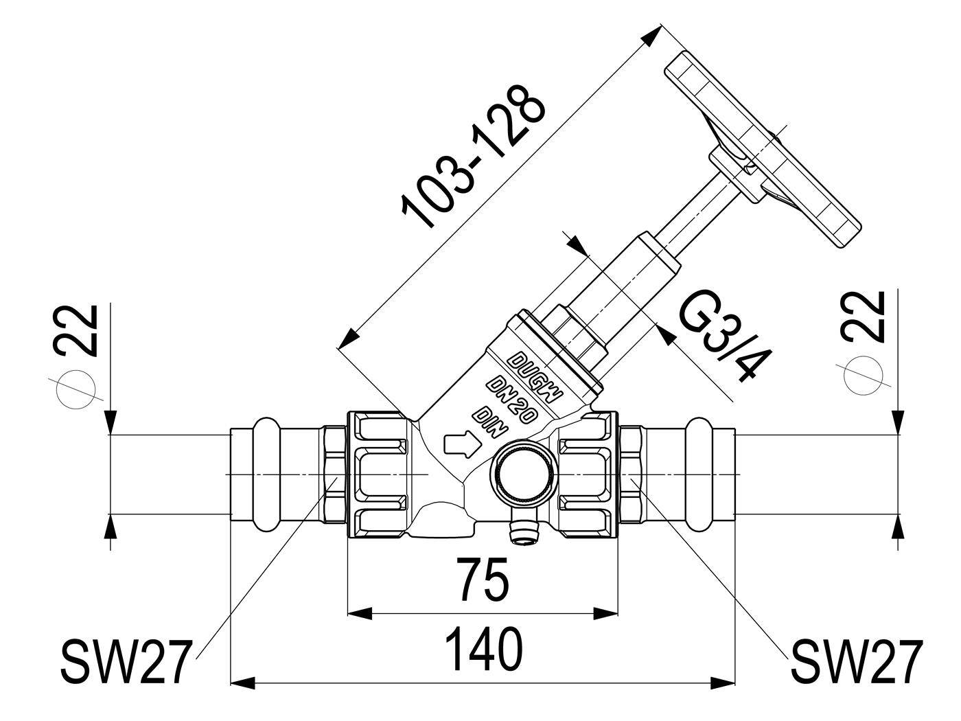 Technisches Ventildiagramm mit Abmessungen: 140 mm Gesamtlänge, 75 mm Breite des Gehäuses, 103–128 mm Höhe, 22 mm Anschlüsse, G3/4 und SW27 Beschriftungen.