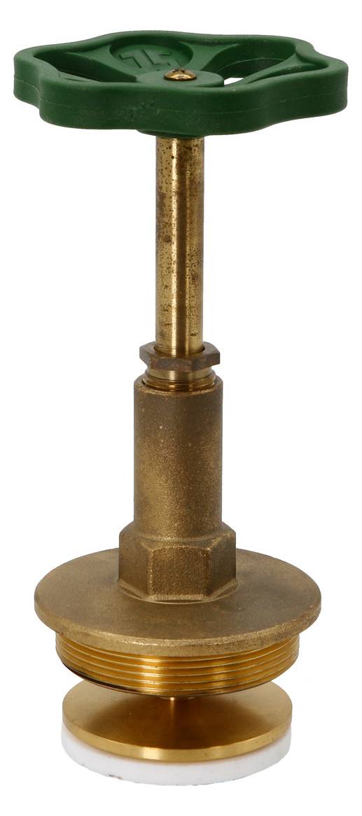 Messing-Installationsventilpatrone mit grünem Kunststoffkreuzgriff, Gewindelehmer und Dichtungsbasis auf weißem Hintergrund