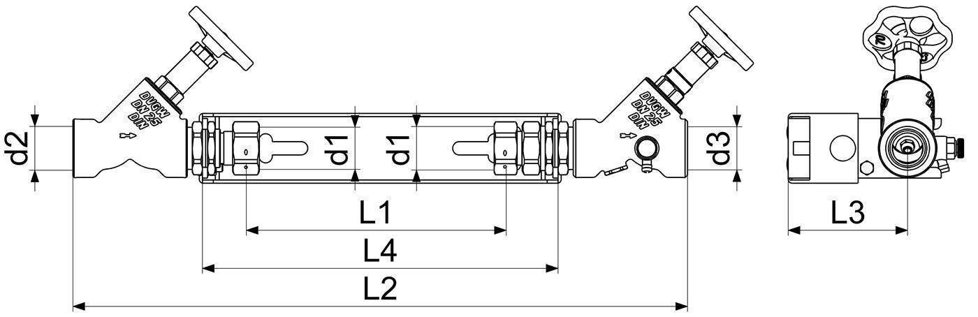 Technisches Diagramm einer Rohrbaugruppe mit zwei Ventilenden, das wichtige Abmessungen d1, d2, d3 und Längen L1, L2, L3 und L4 zeigt.