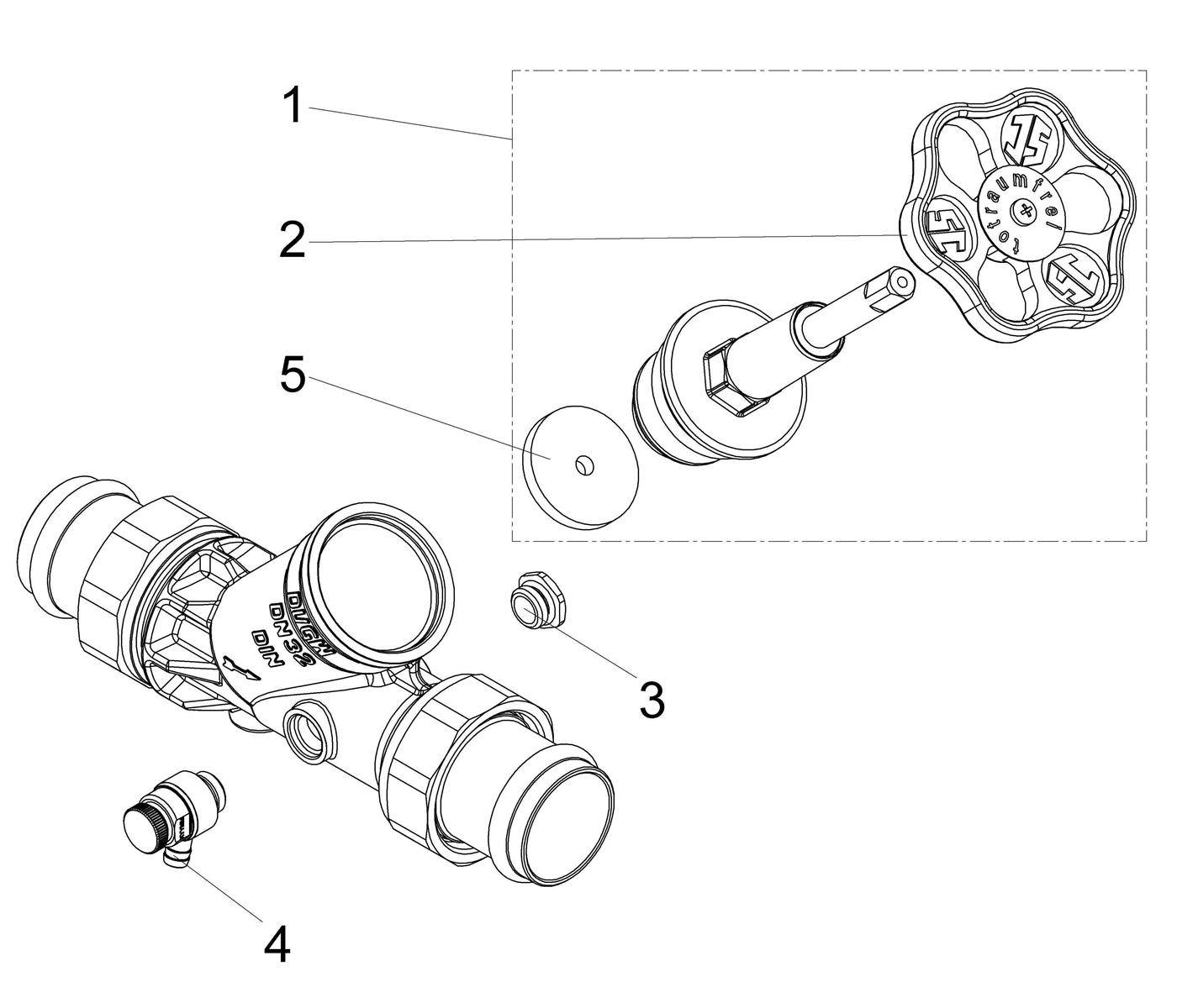 Explodierte technische Zeichnung einer Sanitärarmaturenventilbaugruppe mit nummerierten Teilen 1 bis 5, die den Griff, die Spindel, die Dichtung und den Hauptkörper zeigt.