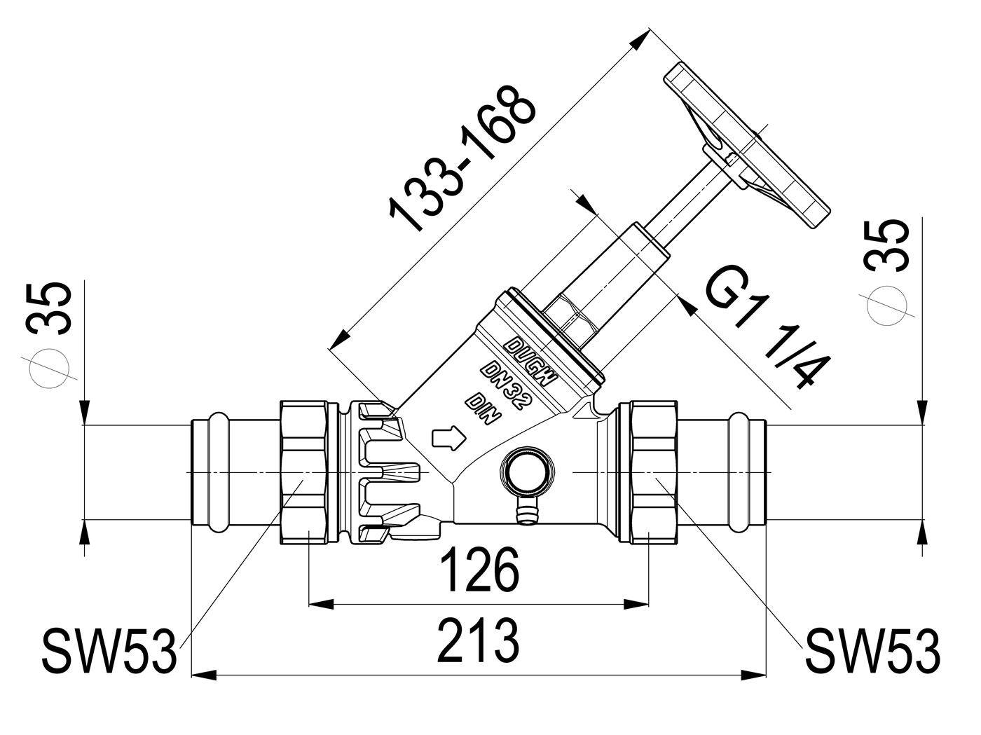 Technische Zeichnung eines Ventils mit Handrad, die Abmessungen zeigt: 213 breit, 35 hoch, 133–168 Schräghohe, G1 1/4 Gewinde und SW53 Verbindungsgrößen.