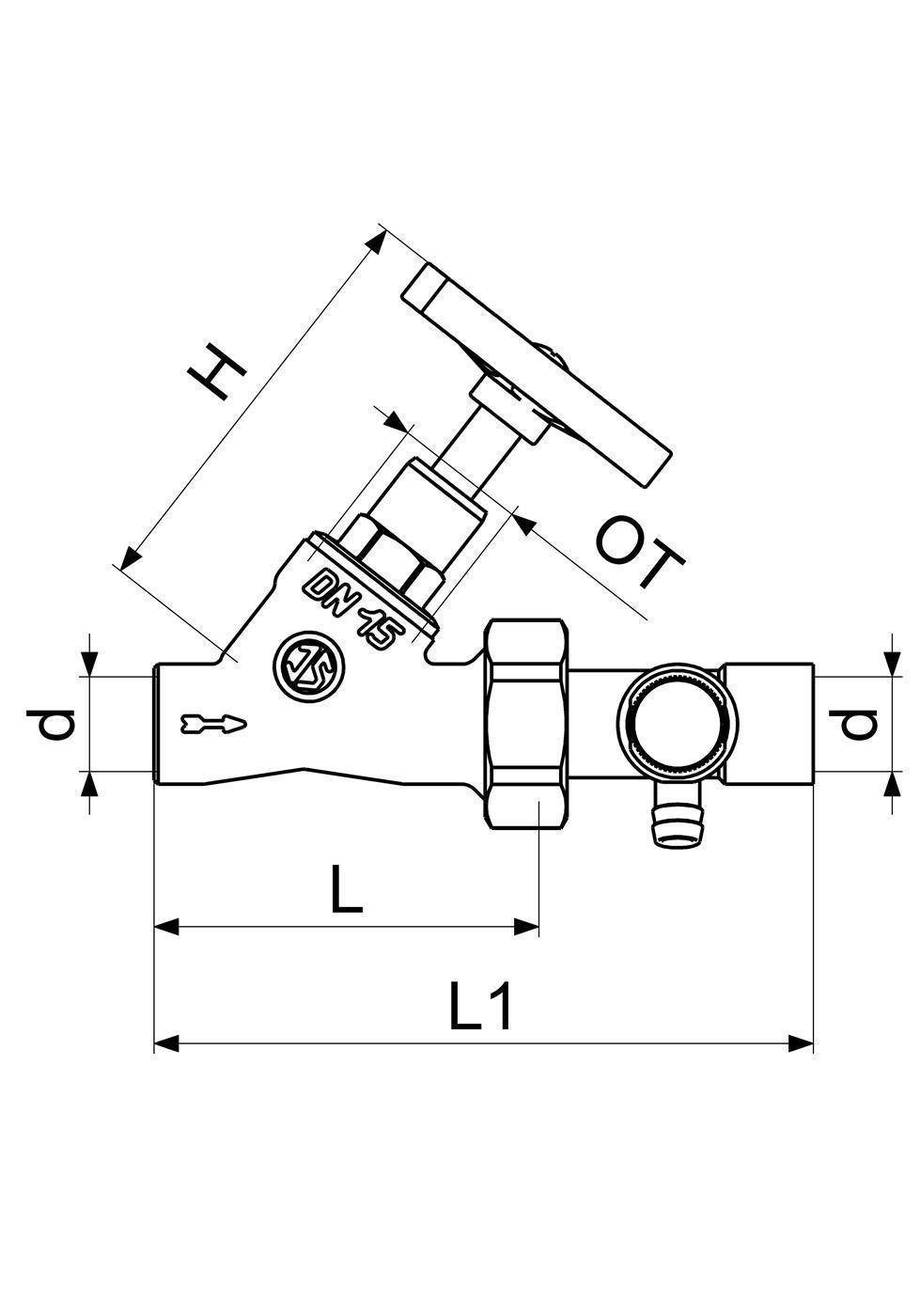 Technische Zeichnung eines Ventils mit Handrad, das die Abmessungen H, OT, d, L und L1 am Gehäuse und an den Enden zeigt.