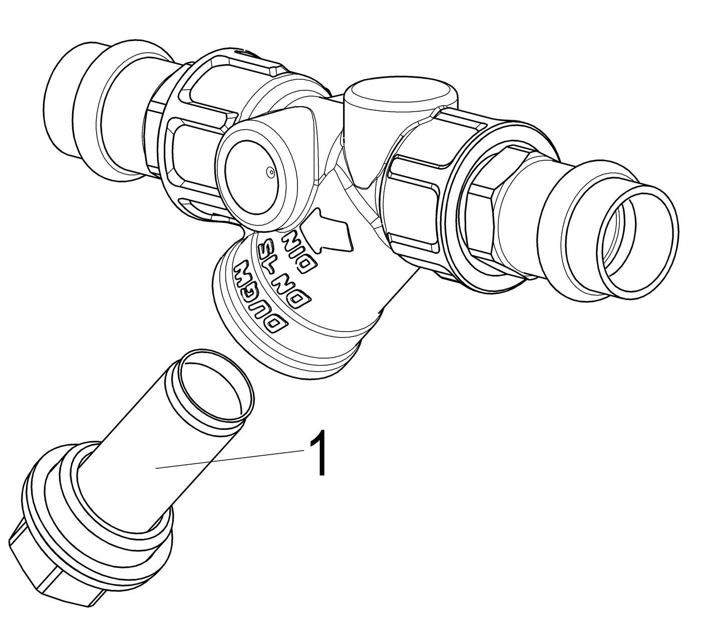Diagramm einer Y-förmigen Rohrverschraubung mit drei verbundenen Rohrkupplungen und einem separaten, unten gekennzeichneten Verbinder mit der Bezeichnung 1.