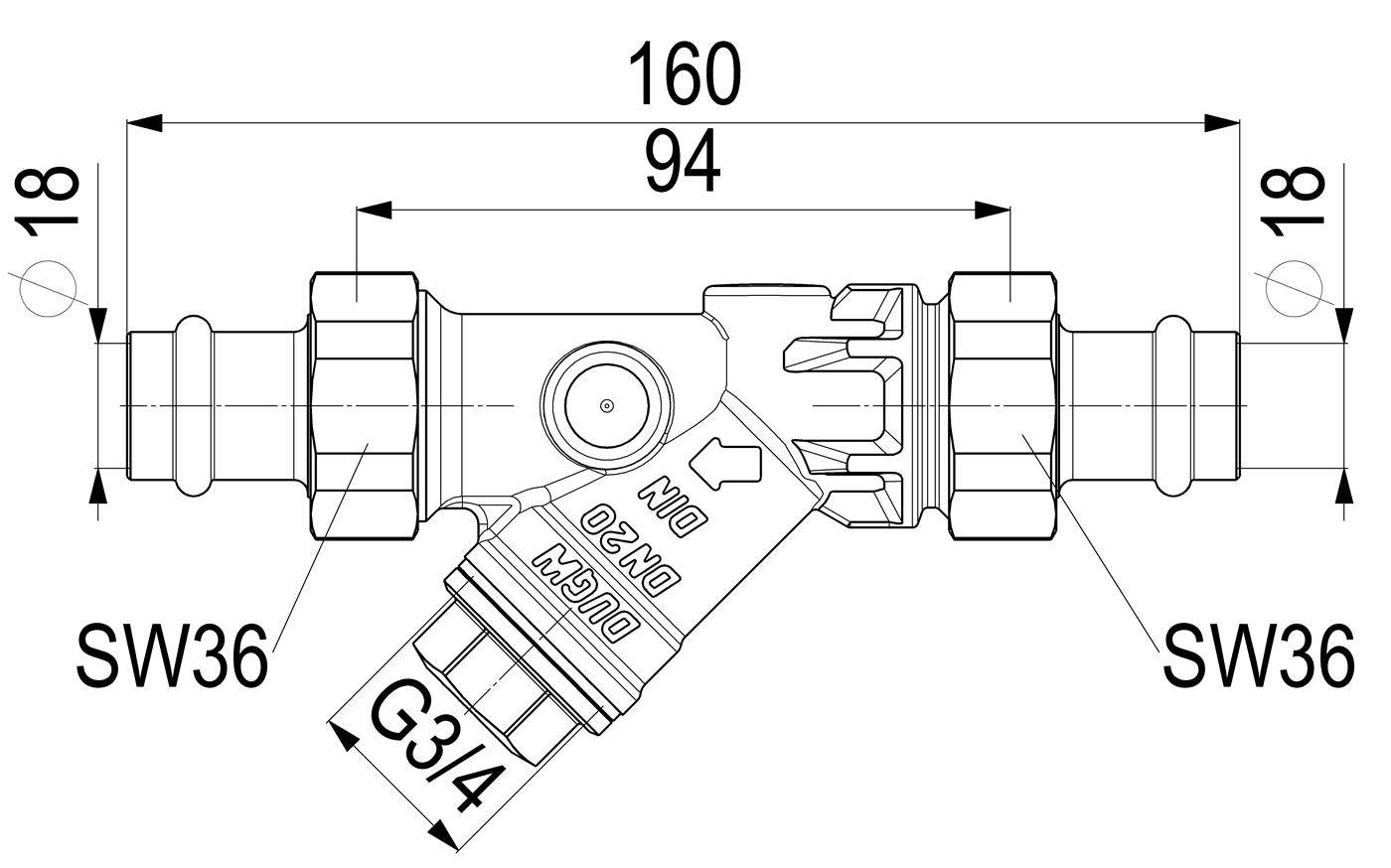 Technische Zeichnung einer Y-förmigen Rohrverschraubung mit zwei Inline-Enden und einem abgewinkelten Abzweig, bezeichnet mit 160 mm Gesamtlänge, 94 mm Gehäuselänge, ø18 Enden, SW36, G3/4 und Durchflussrichtungspfeil.
