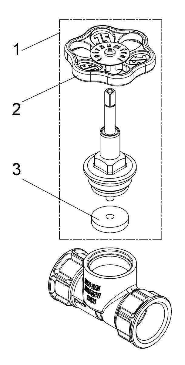 Explodierte technische Zeichnung einer Ventilbaugruppe, die den oberen Griff, den Ventilschaft, die Dichtungsteile und die Hauptrohrverbindung in separaten Ebenen zeigt.