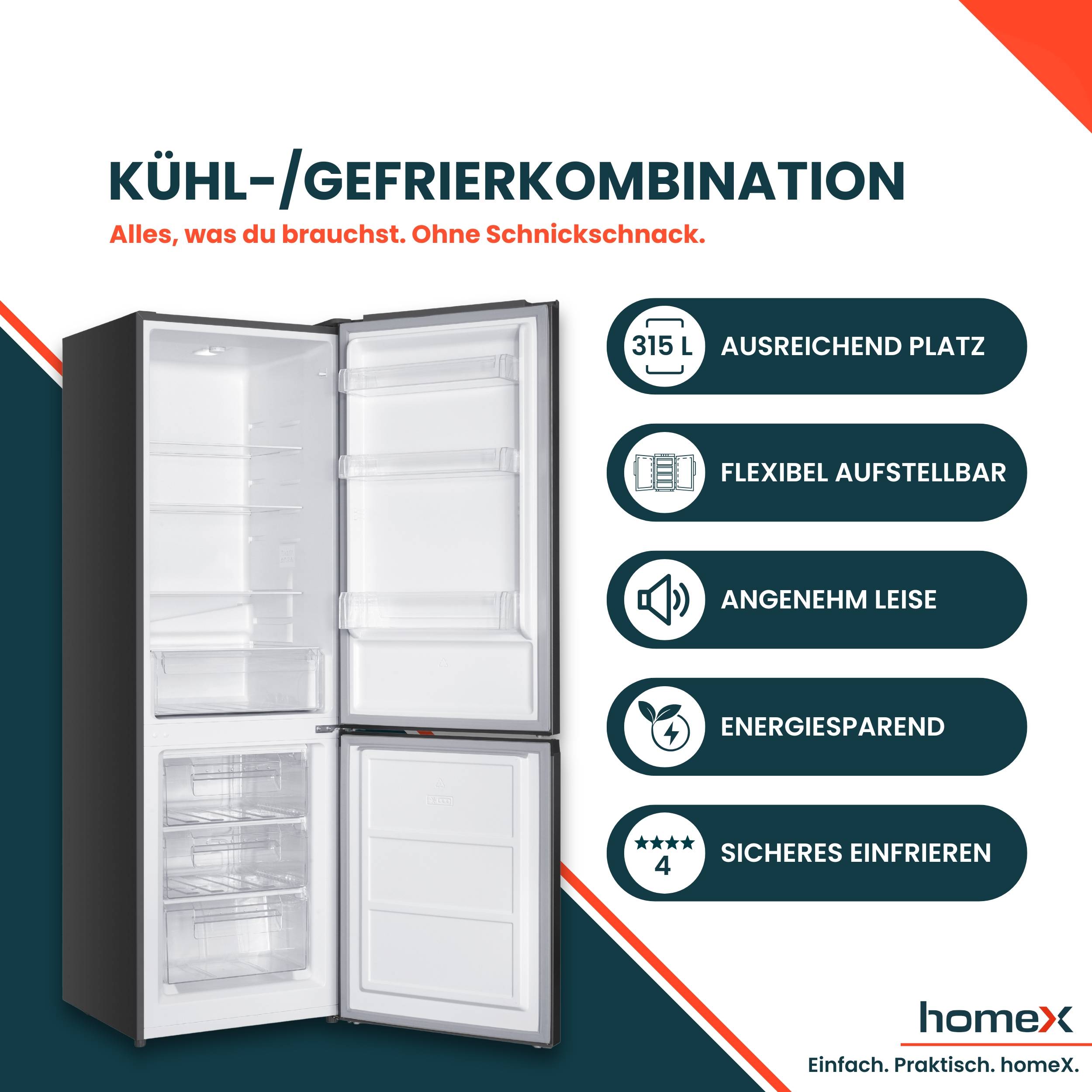 homeX Kühlschrank mit Gefrierfach, Kühl-Gefrierkombination freistehend, groß - 315 L, Super-Frost-Funktion, CFS3151C-S