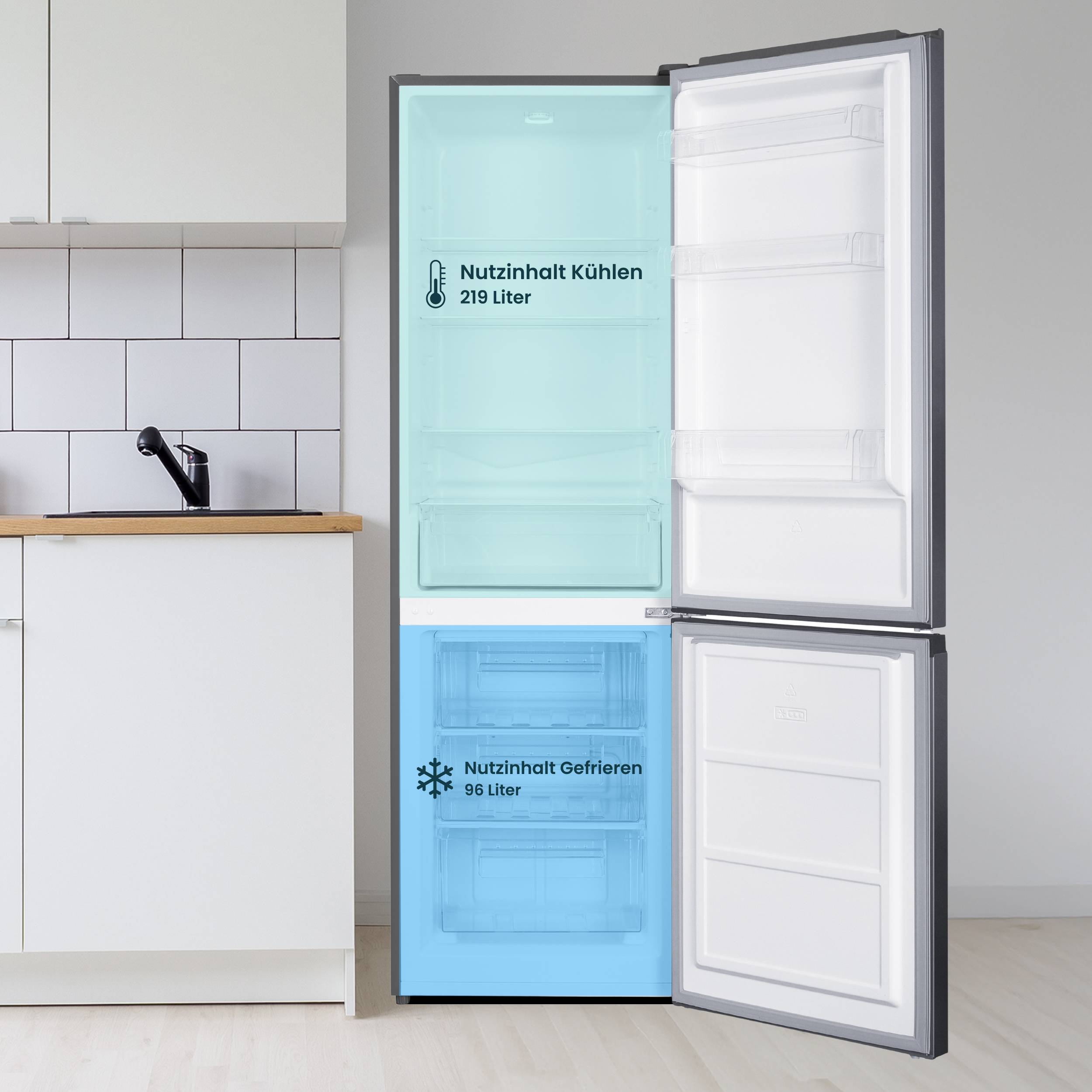 homeX Kühlschrank mit Gefrierfach, Kühl-Gefrierkombination freistehend, groß - 315 L, Super-Frost-Funktion, CFS3151C-S