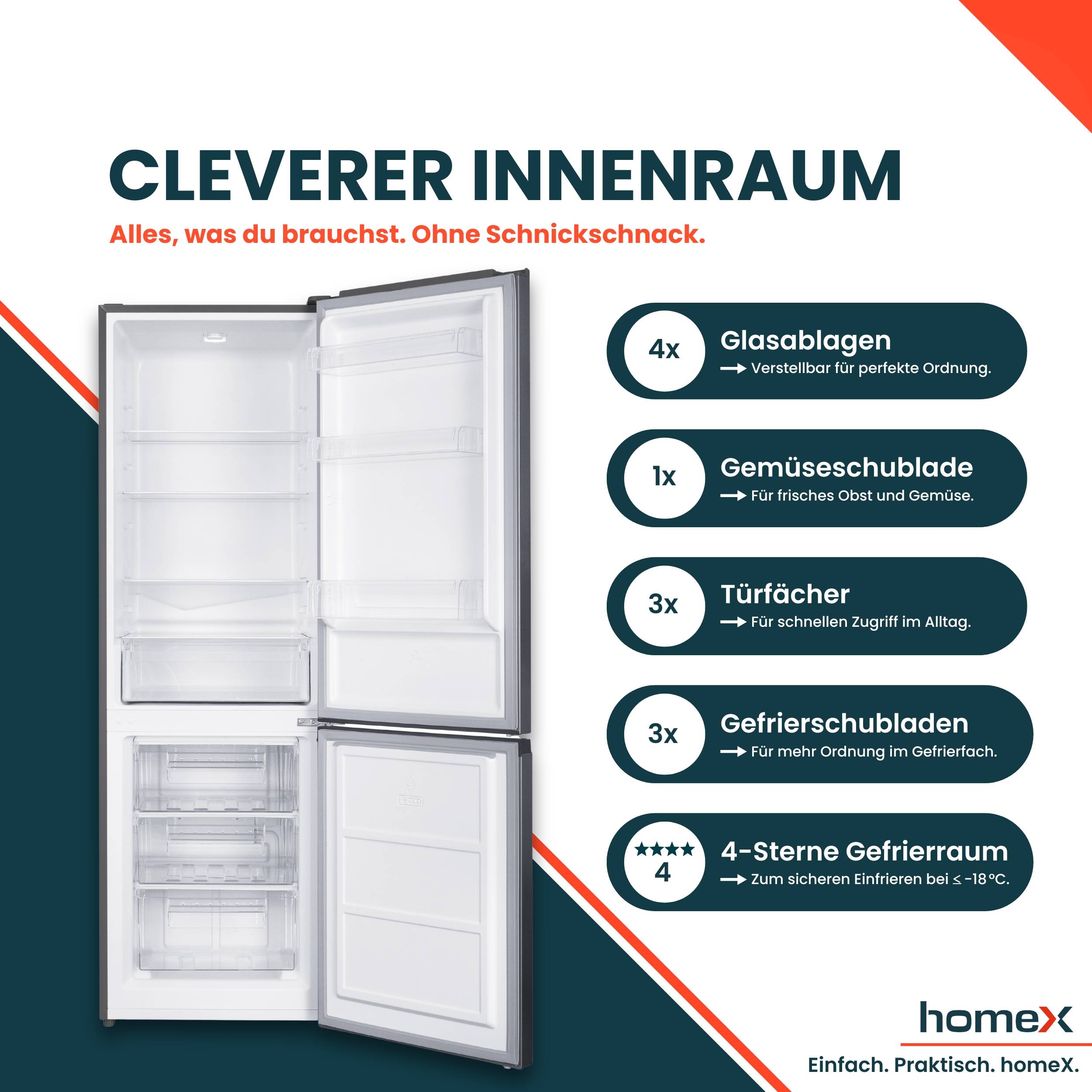 homeX Kühlschrank mit Gefrierfach, Kühl-Gefrierkombination freistehend, groß - 315 L, Super-Frost-Funktion, CFS3151C-S