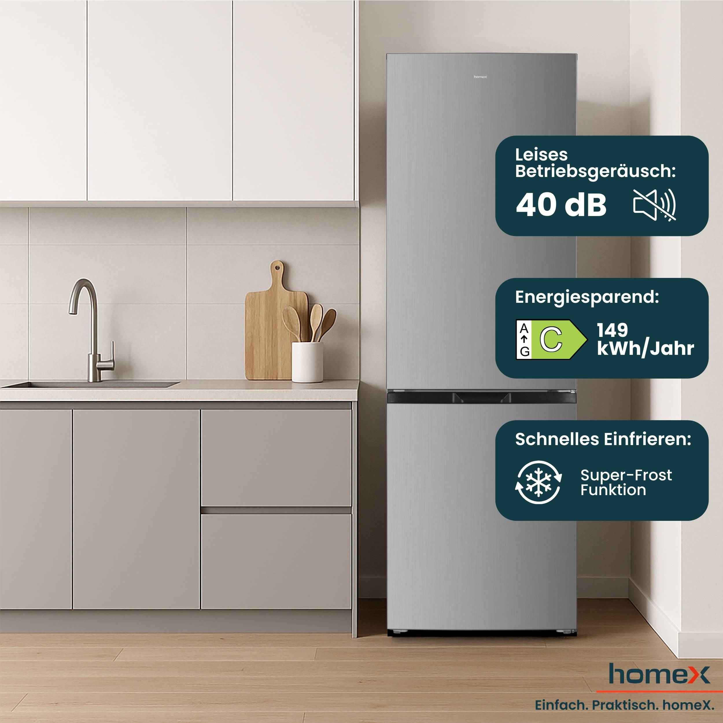 homeX Kühlschrank mit Gefrierfach, Kühl-Gefrierkombination freistehend, groß - 315 L, Super-Frost-Funktion, CFS3151C-S
