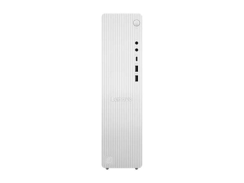 Vorderansicht eines schlanken weißen Lenovo-Desktopturms mit vertikalen Streifen, Netzschalter und vorderen Anschlüssen.