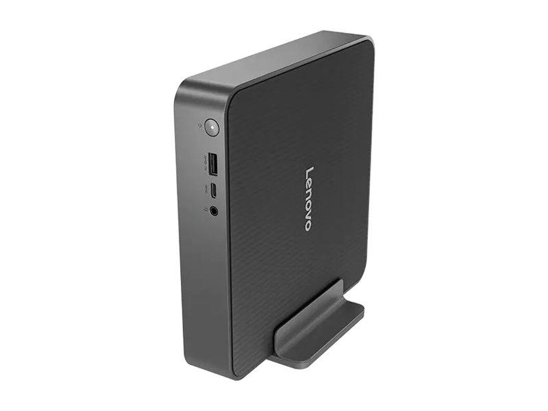 Ein kompakter Lenovo Mini-PC, schwarz mit subtilen Mustern, mit USB-Anschlüssen, einer Ein-/Aus-Taste und vertikal auf einem Ständer montiert.