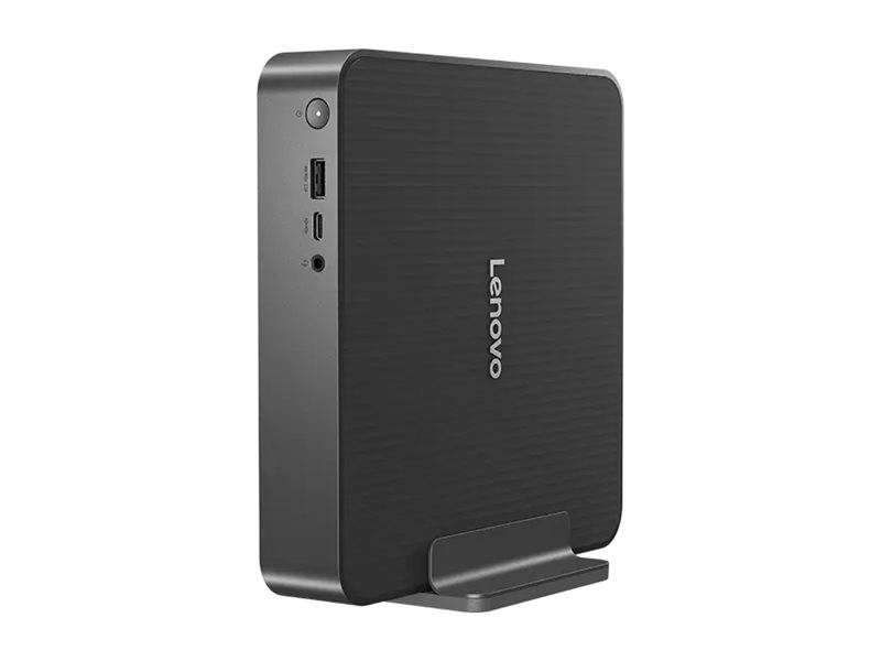 Lenovo Mini-PC, kompaktes Design, schwarzes Gehäuse, vertikaler Ständer. Die Vorderseite verfügt über einen Stromschalter, USB-Anschlüsse und eine Kopfhörerbuchse.