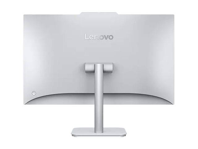 Rückansicht eines silbernen Lenovo-Computermonitors auf einem Ständer, gezeigt vor einem schlichten weißen Hintergrund.