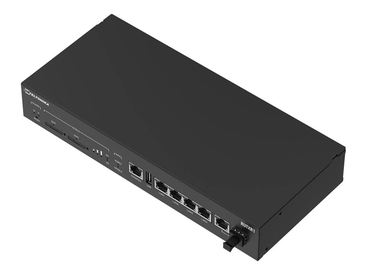 Schwarzer Netzwerk-Switch oder Router, schräg dargestellt, mit mehreren Ethernet-Anschlüssen, USB-Anschlüssen und LED-Statusanzeigen auf der Frontplatte.