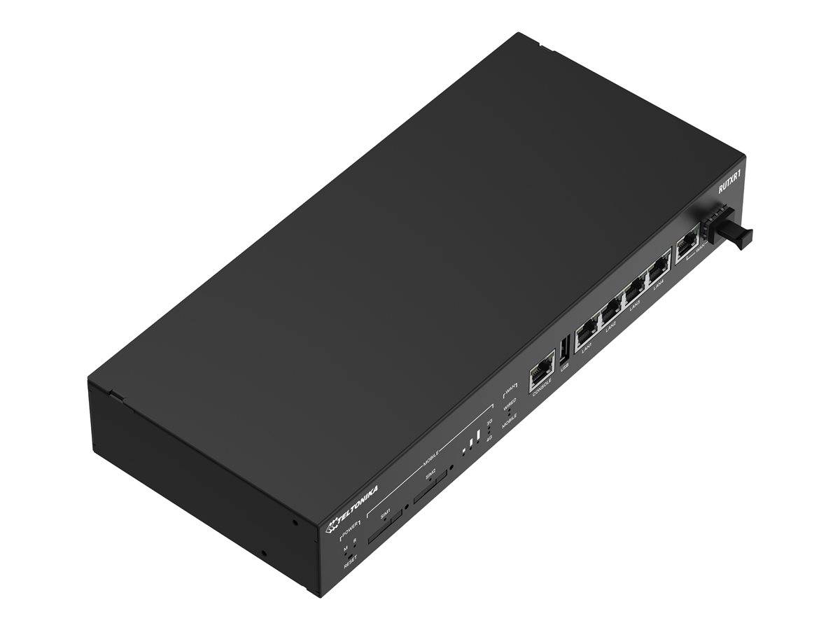 Schwarzer, in Racks einbaubarer Netzwerk-Switch oder Router mit mehreren Ethernet-Anschlüssen auf der Frontplatte