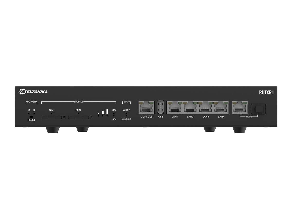 Frontansicht eines Teltonika RUTX11 Industrie-Routers mit Stromversorgung, SIM, Konsole, USB, vier LAN-Anschlüssen und WAN-Anschluss.