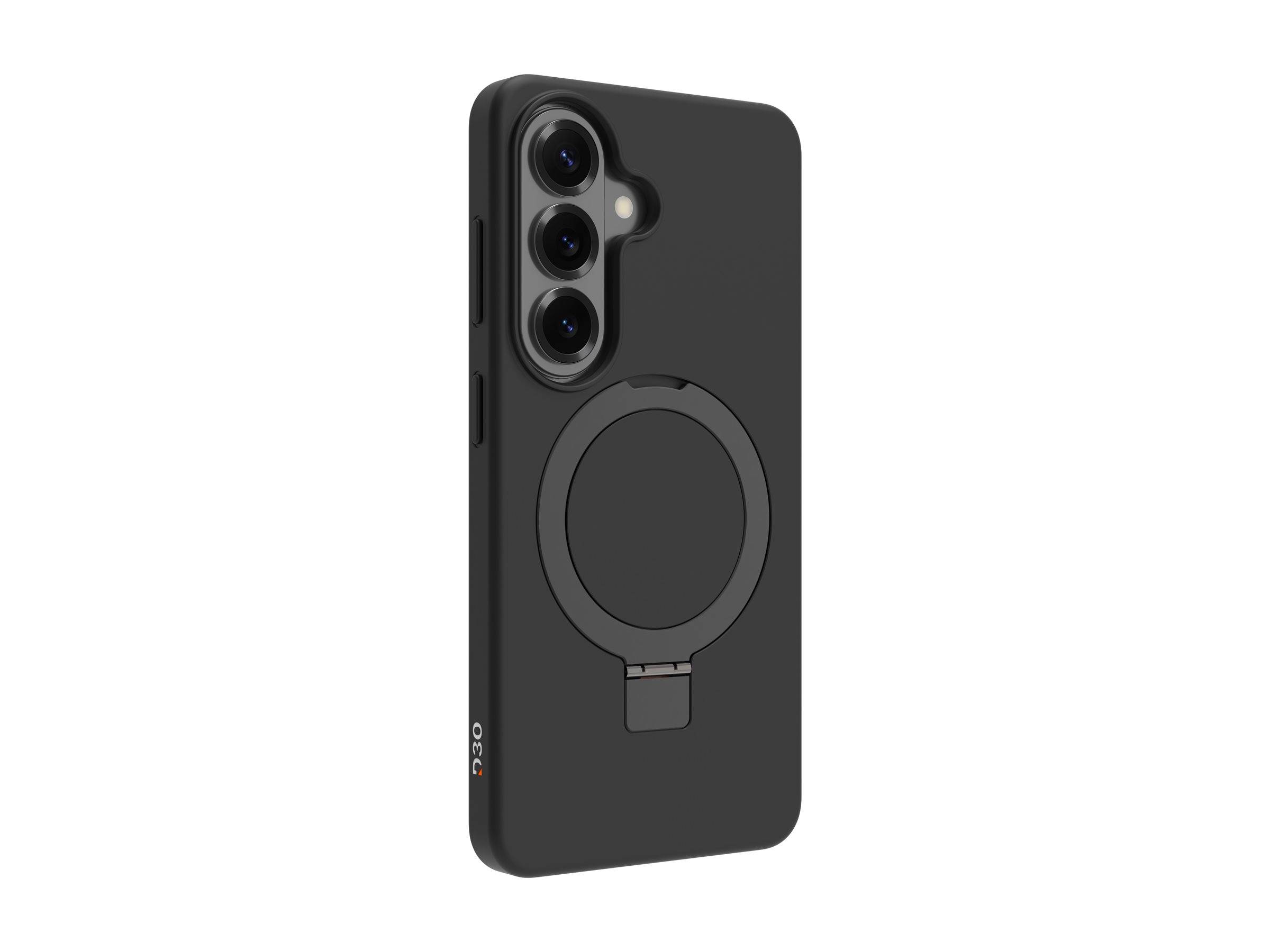 Schwarze Smartphone-Hülle mit integriertem MagSafe-ähnlichem Ringständer, auf weißem Hintergrund dargestellt.