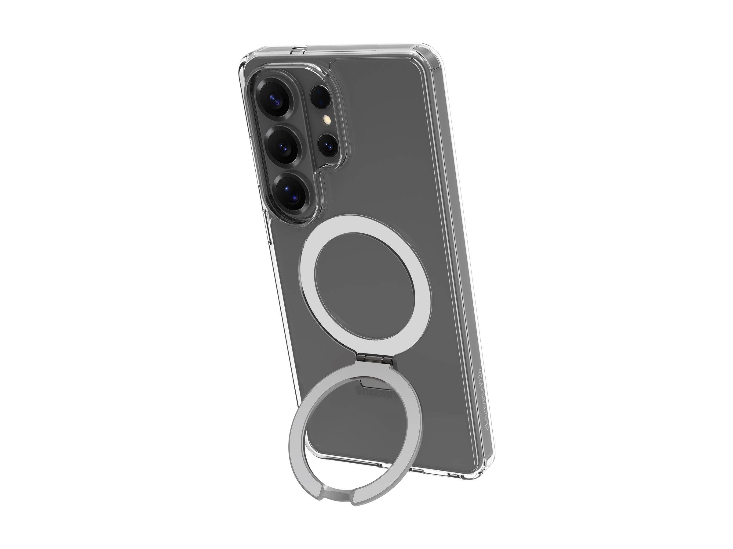 Ein durchsichtiges Smartphone-Gehäuse mit einem metallischen Ring auf der Rückseite, entworfen, um einen sicheren Halt zu bieten und auch als Ständer zu funktionieren.