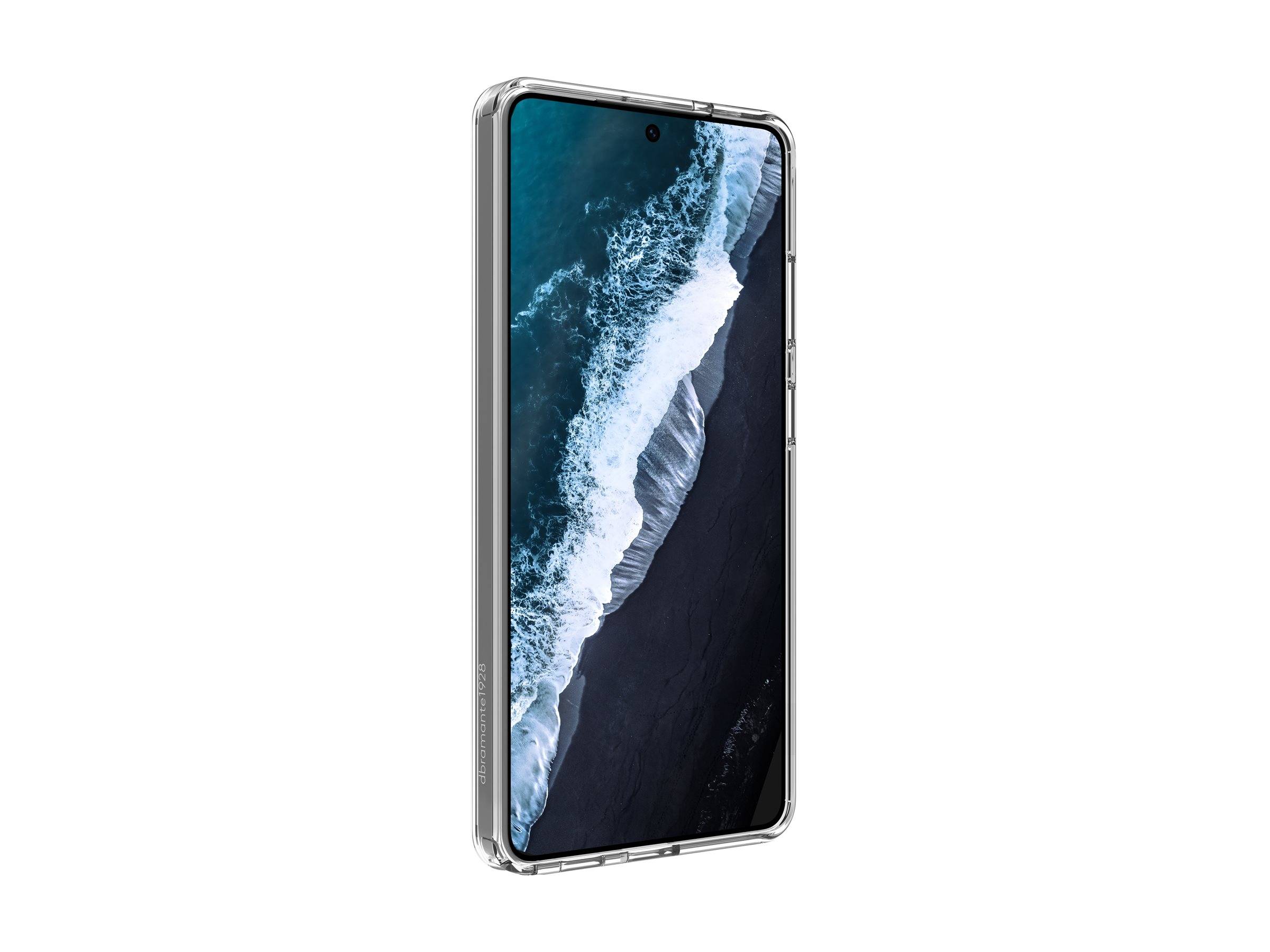 Ein durchsichtiges Smartphone, das in einem Winkel gezeigt wird und eine Meereswell-Hintergrund auf dem Bildschirm anzeigt.