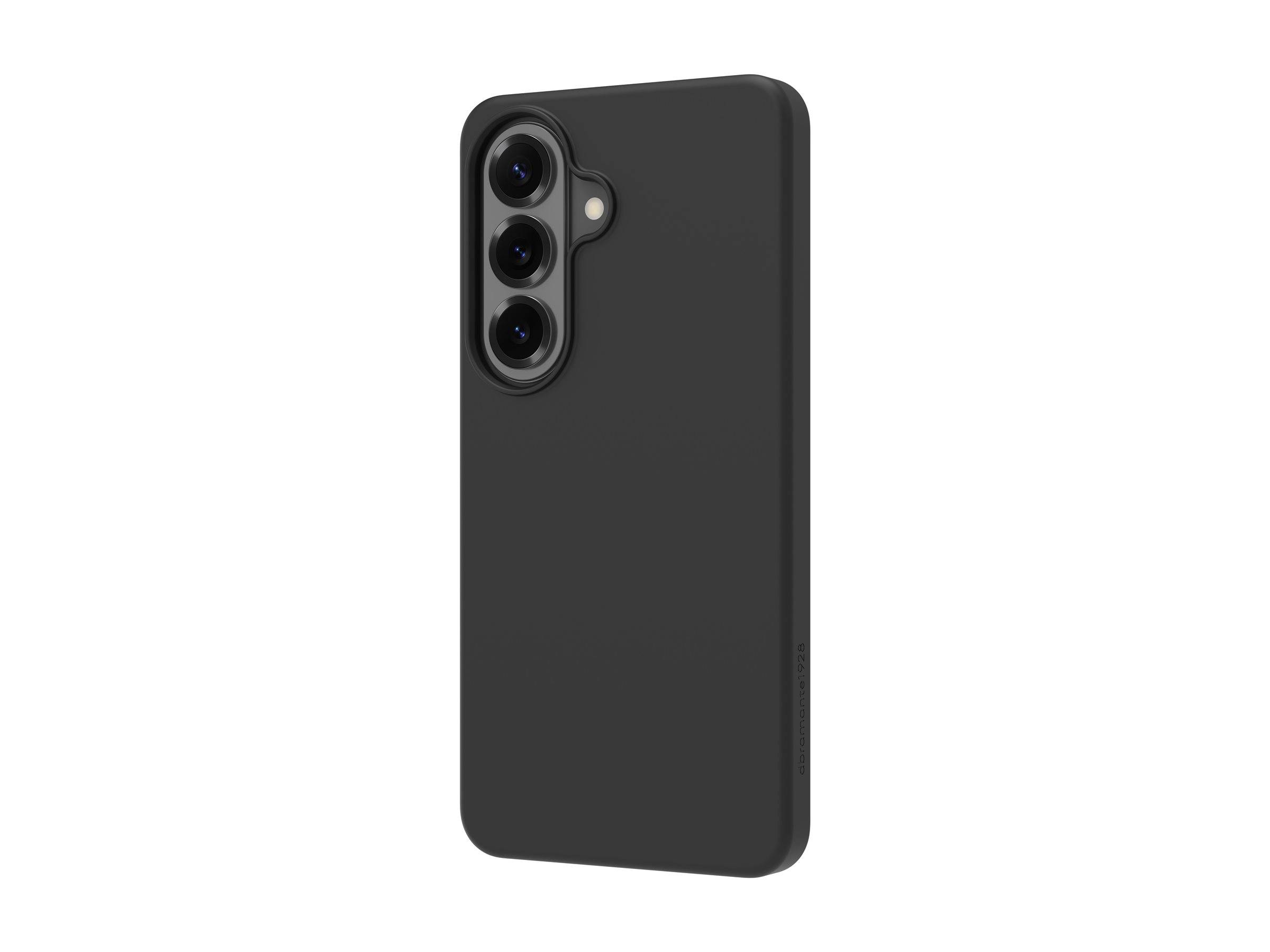 Eine schwarze Handyhülle mit drei Kameraaussparungen in der oberen linken Ecke, entwickelt für ein Smartphone mit vertikaler Kameraanordnung.