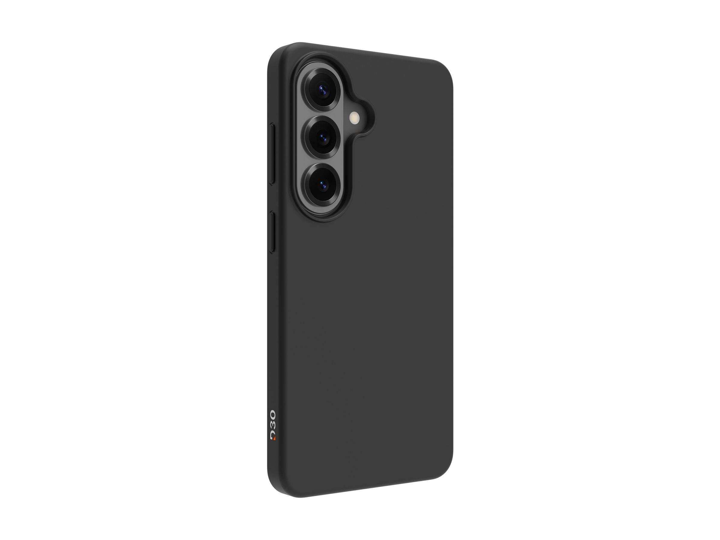 Schwarze Smartphone-Schutzhülle in Rückansicht, mit drei erhabenen Kameraausschnitten und einer seitlichen Tastöffnung.
