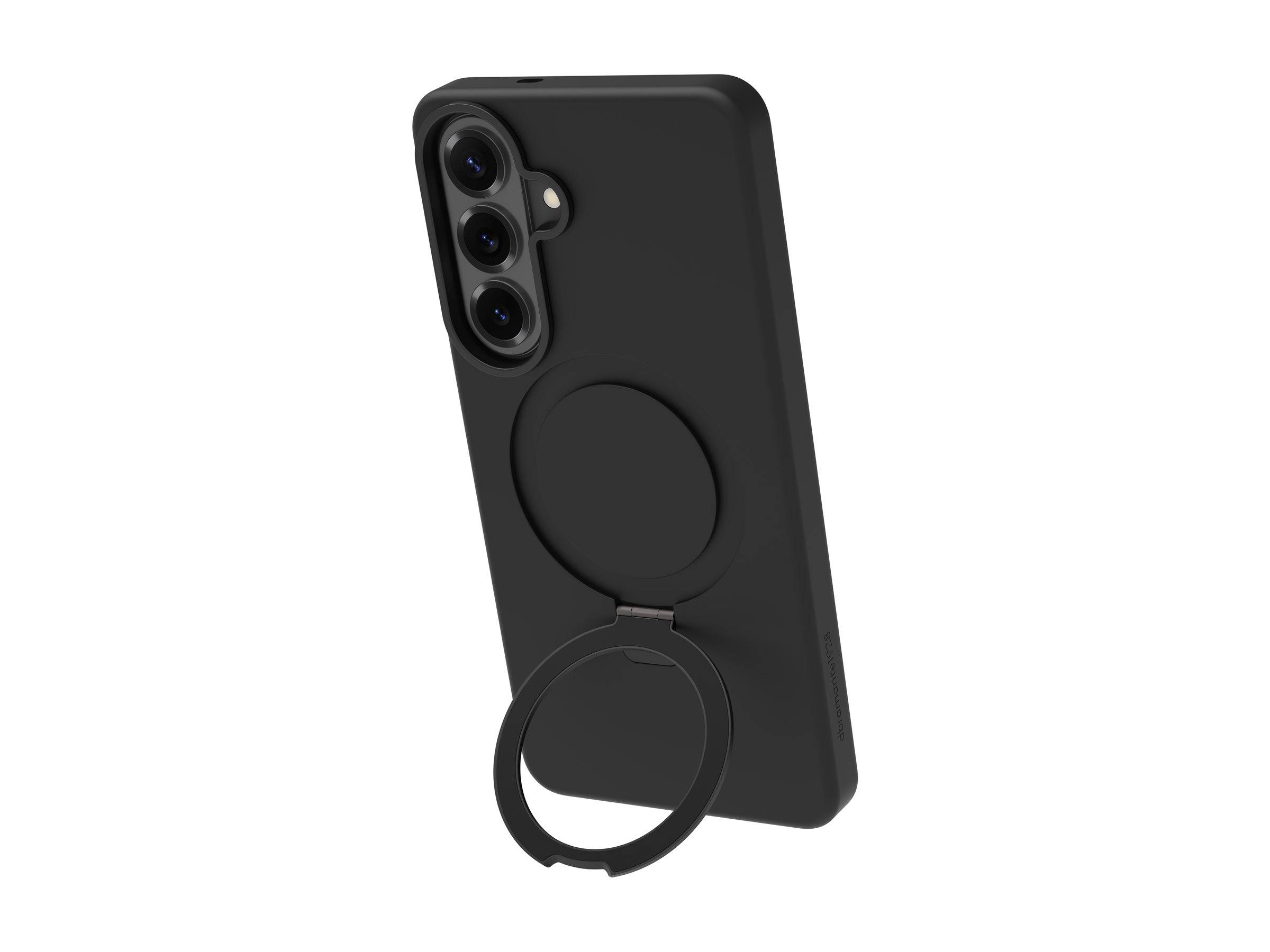 Schwarze Smartphone-Hülle mit integriertem rundem Ring-Ständer, der auf der Rückseite ausgeklappt ist, von hinten im Winkel gezeigt.
