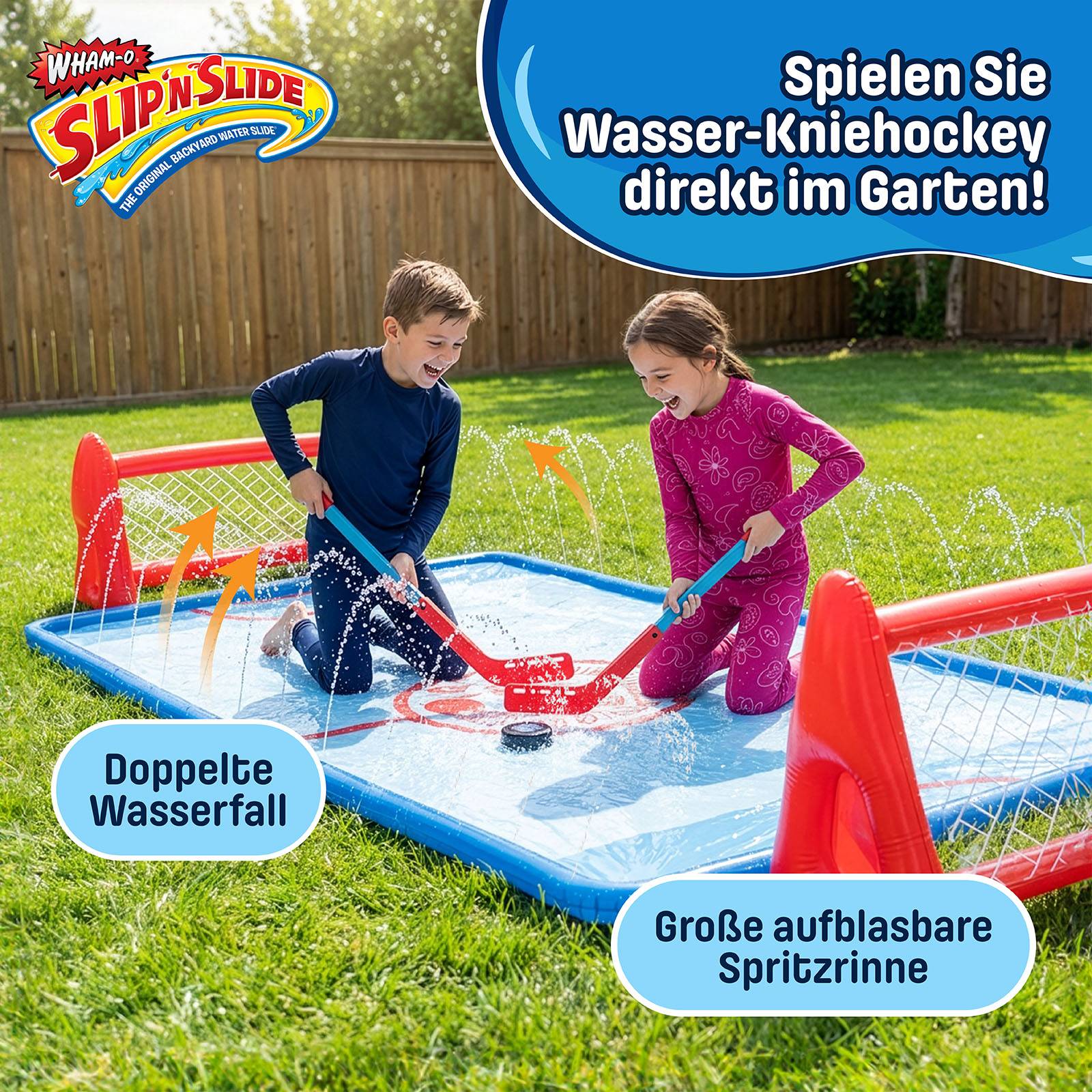Wham-O Slip N Slide Wasser-Kniehockey Set – 2 aufblasbare Tore, 2 Schläger, 1 Puck für Garten & Rasen