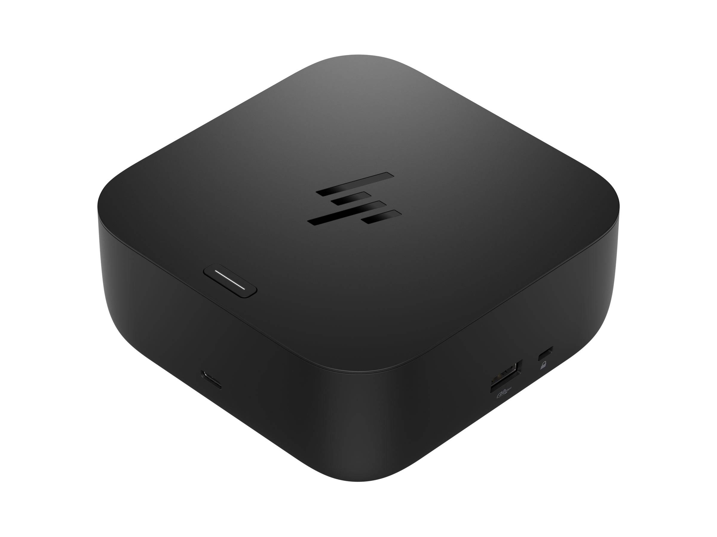 Schwarzer quadratischer HP-Mini-Desktop-Computer mit abgerundeten Ecken und sichtbaren vorderen und seitlichen Anschlüssen, dargestellt auf weißem Hintergrund.
