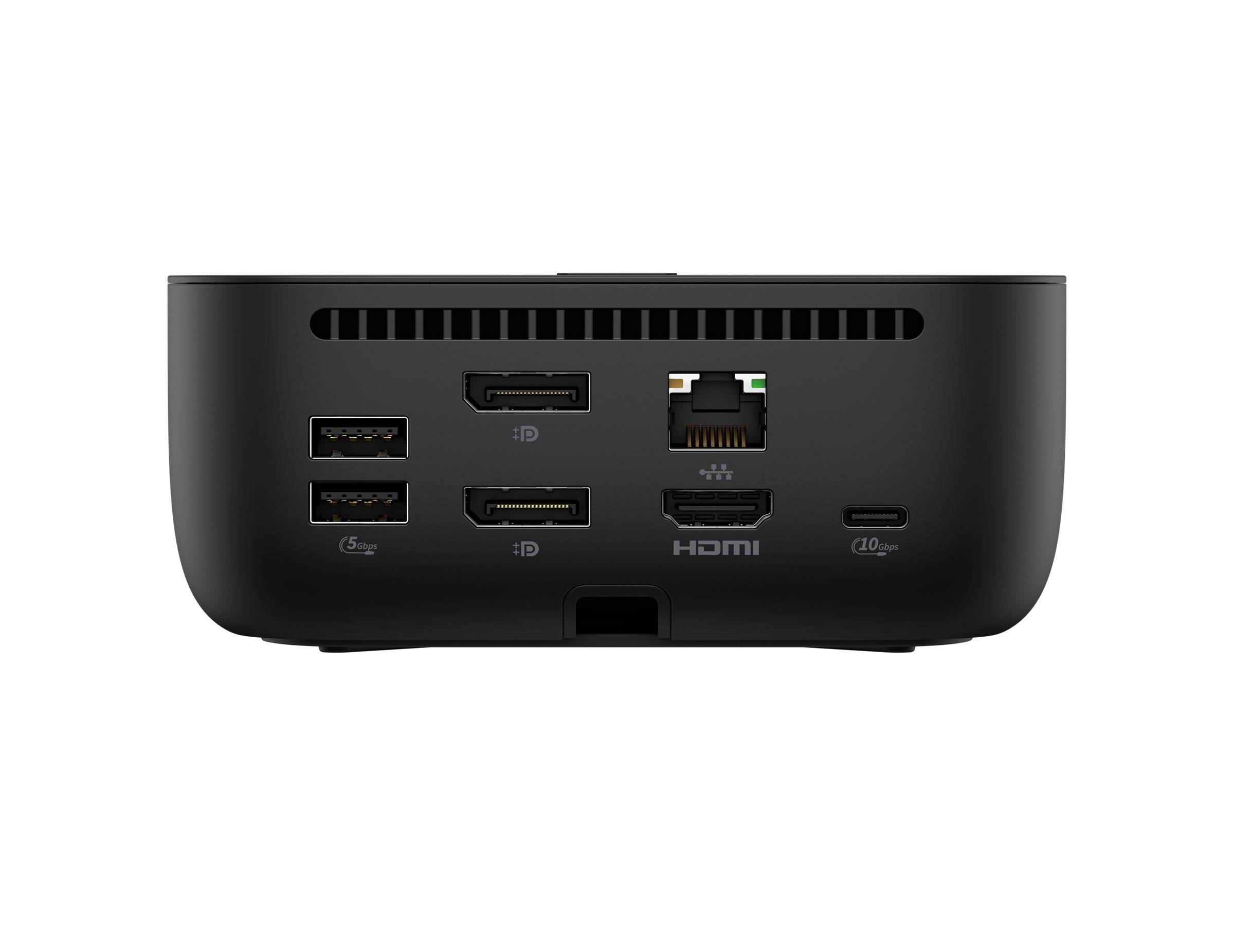 Rückansicht eines schwarzen kompakten Projektors mit Belüftungsschlitzen und Anschlussports: zwei USB, zwei DisplayPort, eine HDMI, eine Ethernet und ein USB-C-Anschluss.