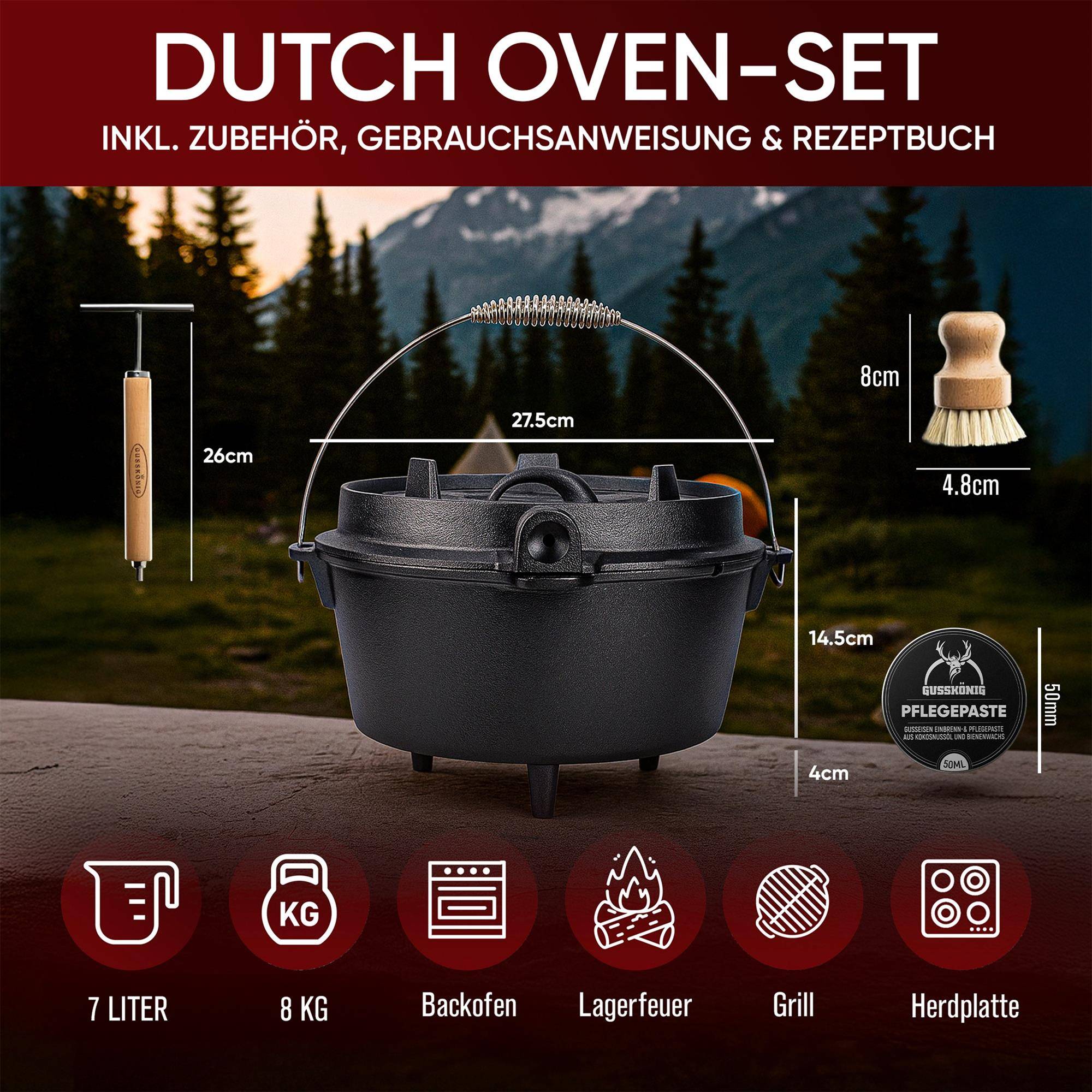 Eine Anzeige für ein Dutch-Oven-Set mit Maßangaben und mitgelieferten Zubehörteilen vor einer Bergkulisse.