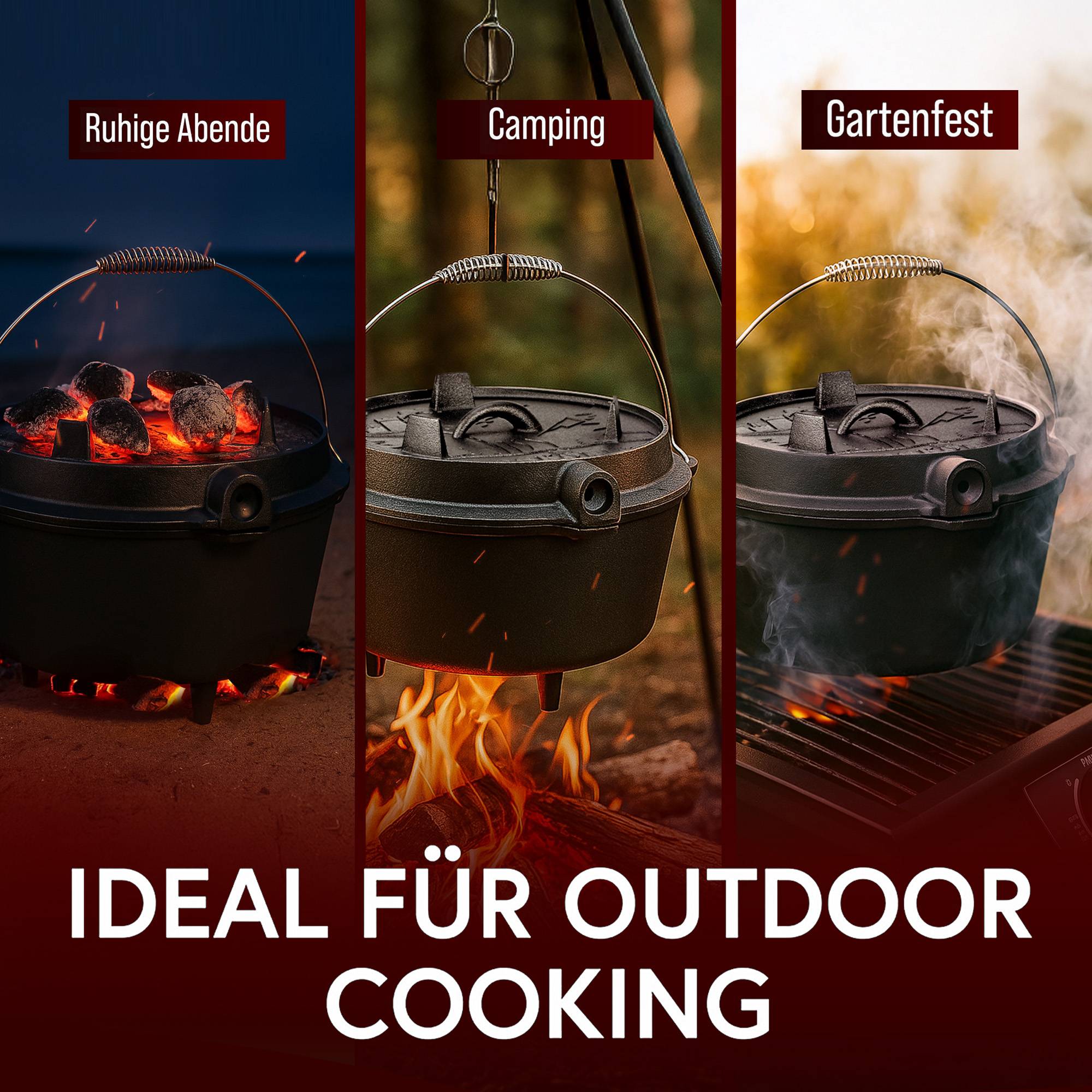 Das Bild zeigt drei Outdoor-Kochttöpfe mit den Beschriftungen „Ruhige Abende
