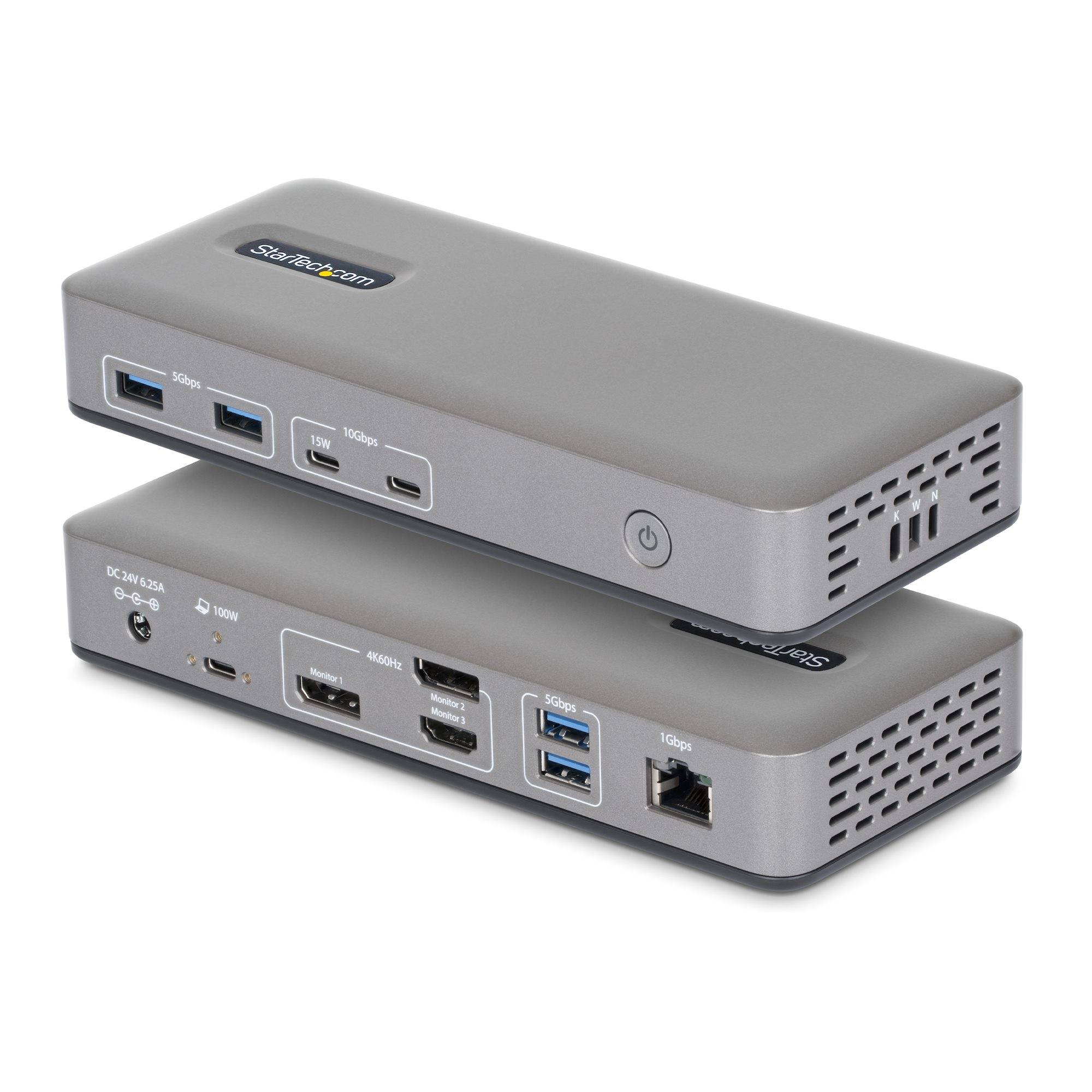 Zwei übereinander gestapelte silberne USB-C-Dockingstationen mit mehreren Anschlüssen, darunter USB-A, USB-C, HDMI, Ethernet und Stromeingabe.
