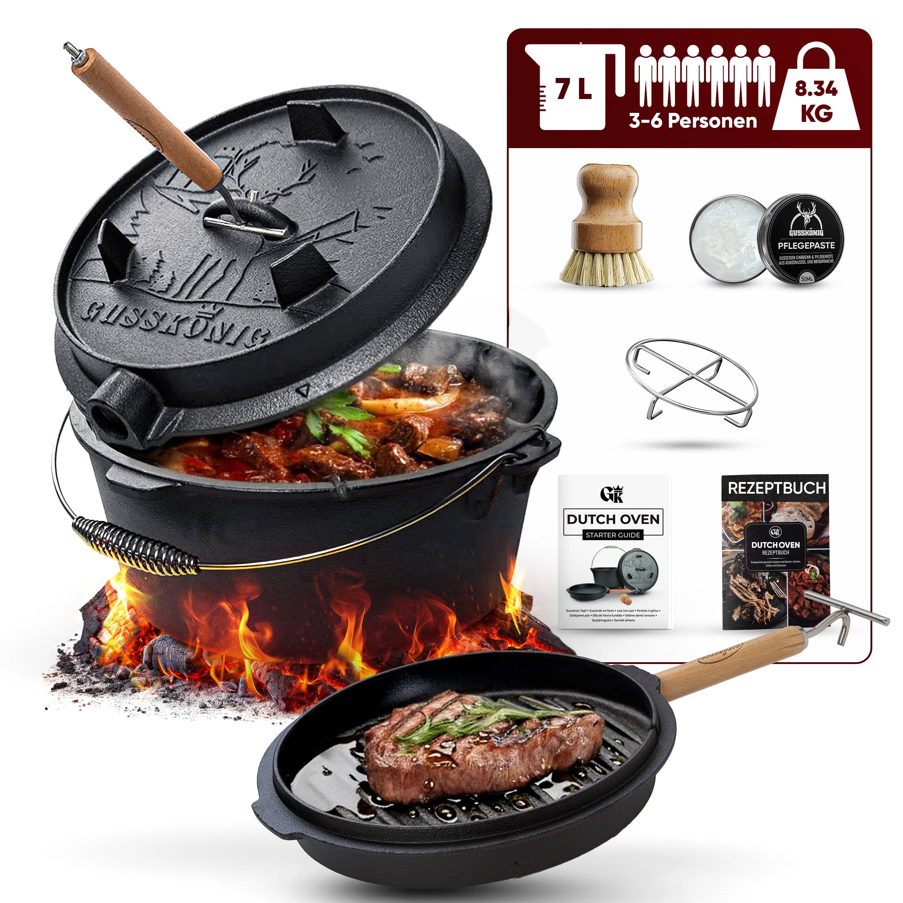 GUSSKÖNIG Dutch Oven Topf ohne Füßen 7Liter+Pflegepaste Untersetzer