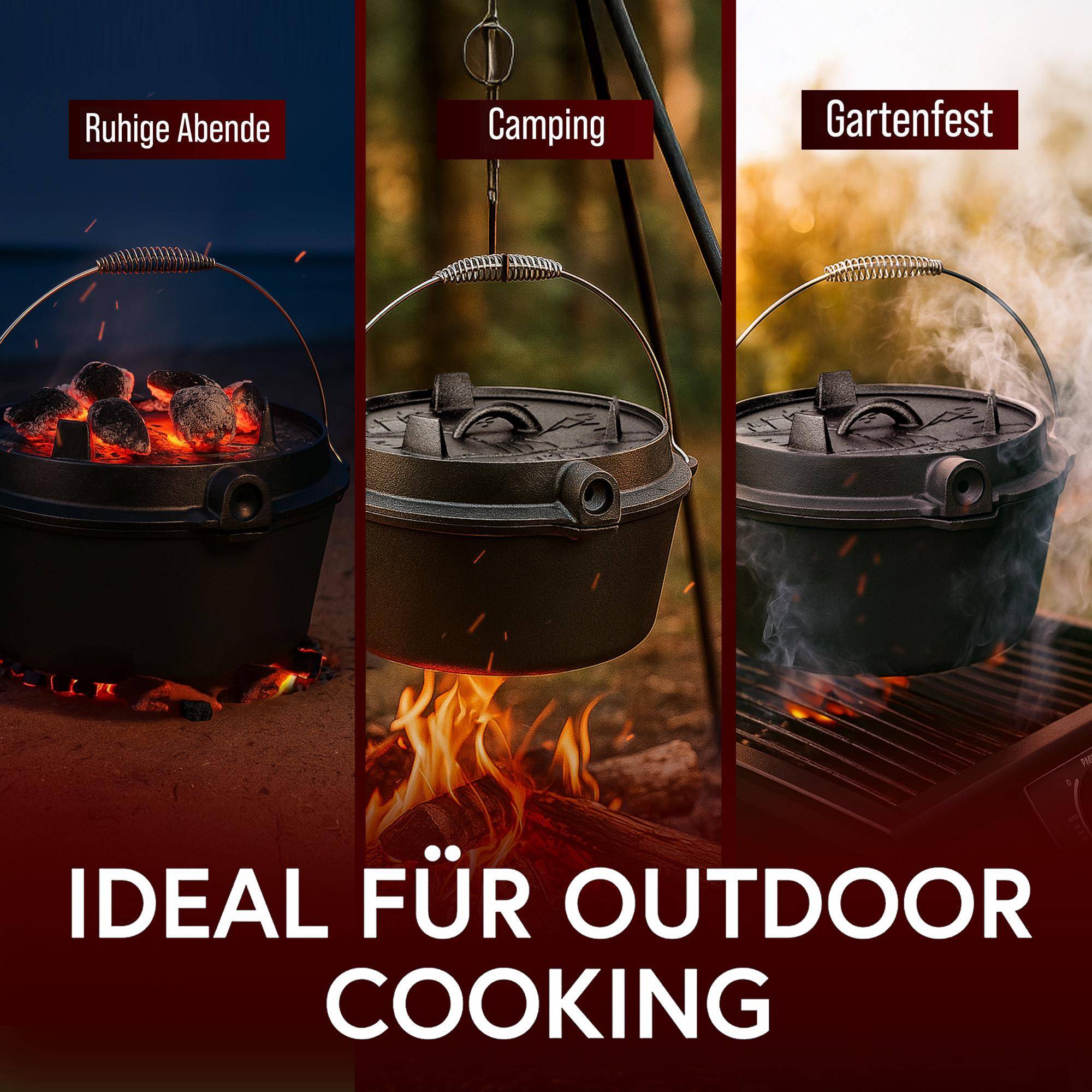 Dreifache Anzeige, die einen Topf über Feuer und Grill zeigt, beschriftet mit „Ruhige Abende", „Camping"" und „Gartenfest"", mit der Überschrift „IDEAL FÜR OUTDOOR COOKING"".