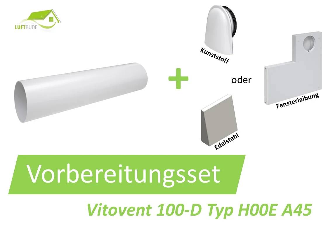 Produktbild für ein Vorbereitungsset: weißes Kunststoffrohr plus Kunststoff- oder Edelstahlteile und Fensterlaibungsmontagekomponenten, beschriftet mit „Vorbereitungsset