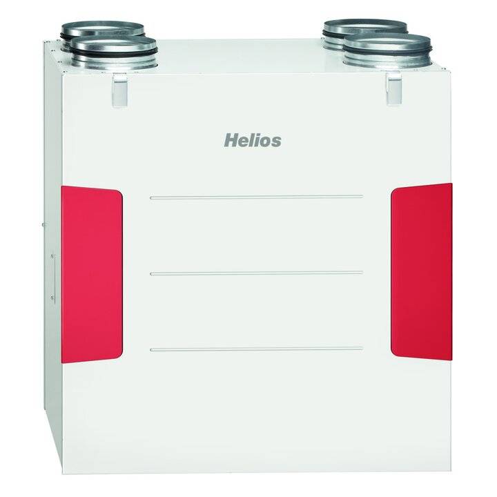 Weiße Helios-Lüftungsanlage mit zwei runden Kanalverbindungen oben und roten Seitenpaneelen, in Vorderansicht auf neutralem Hintergrund dargestellt.