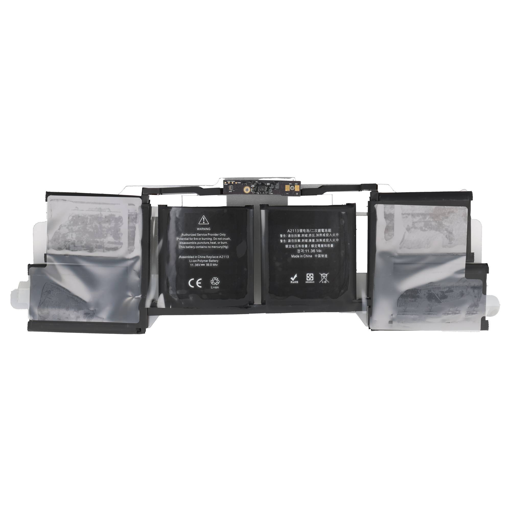 Interne Gerätebatteriepackung mit zwei zentralen Zellen und Seitenmodulen auf weißem Hintergrund.