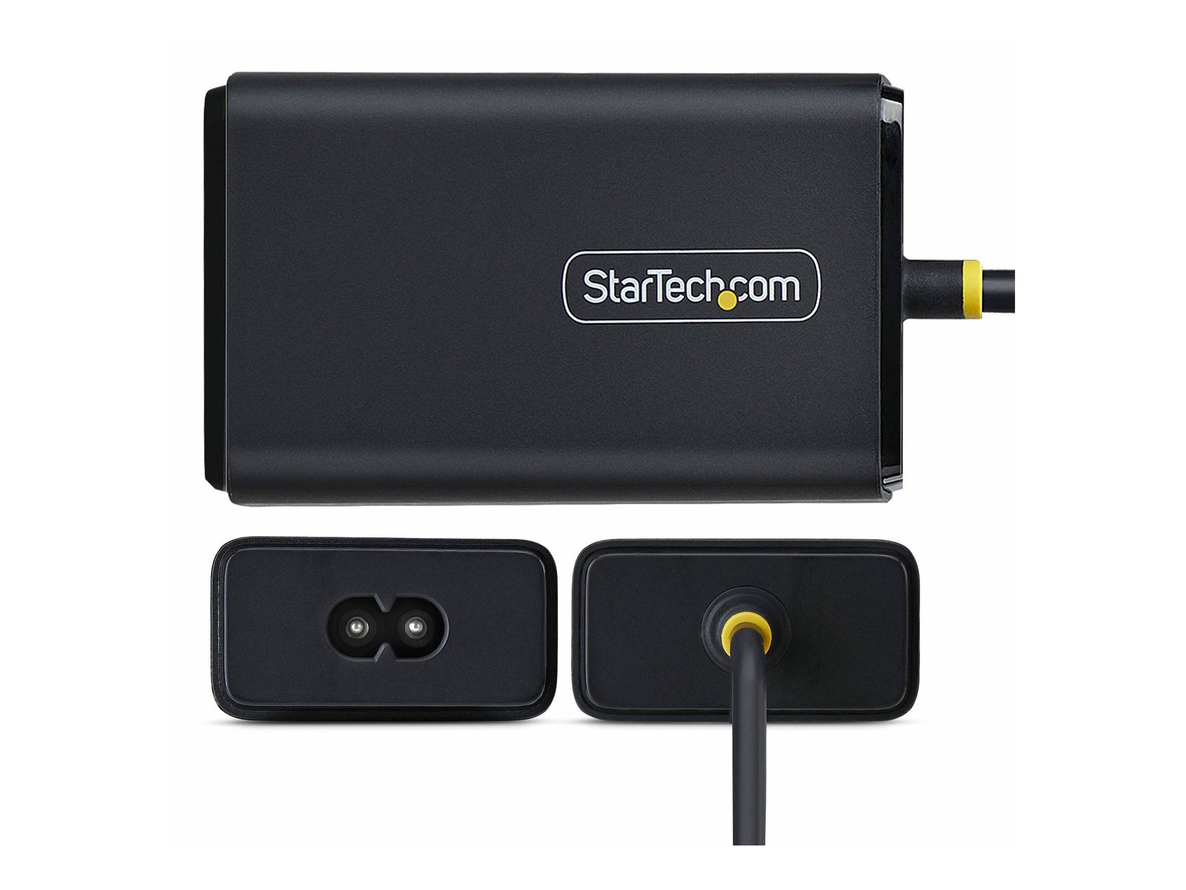Black StarTech.com Netzteil von der Seite und von vorne gezeigt, mit zwei austauschbaren Steckerköpfen und einem angeschlossenen Stromkabel.