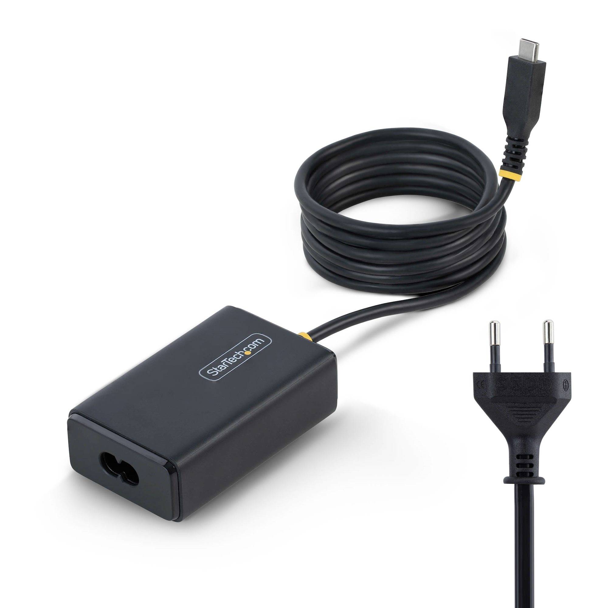 Schwarzer USB-C-Stromadapter mit Spiralkabel und zweipoliger europäischer Steckdose, dargestellt auf weißem Hintergrund.