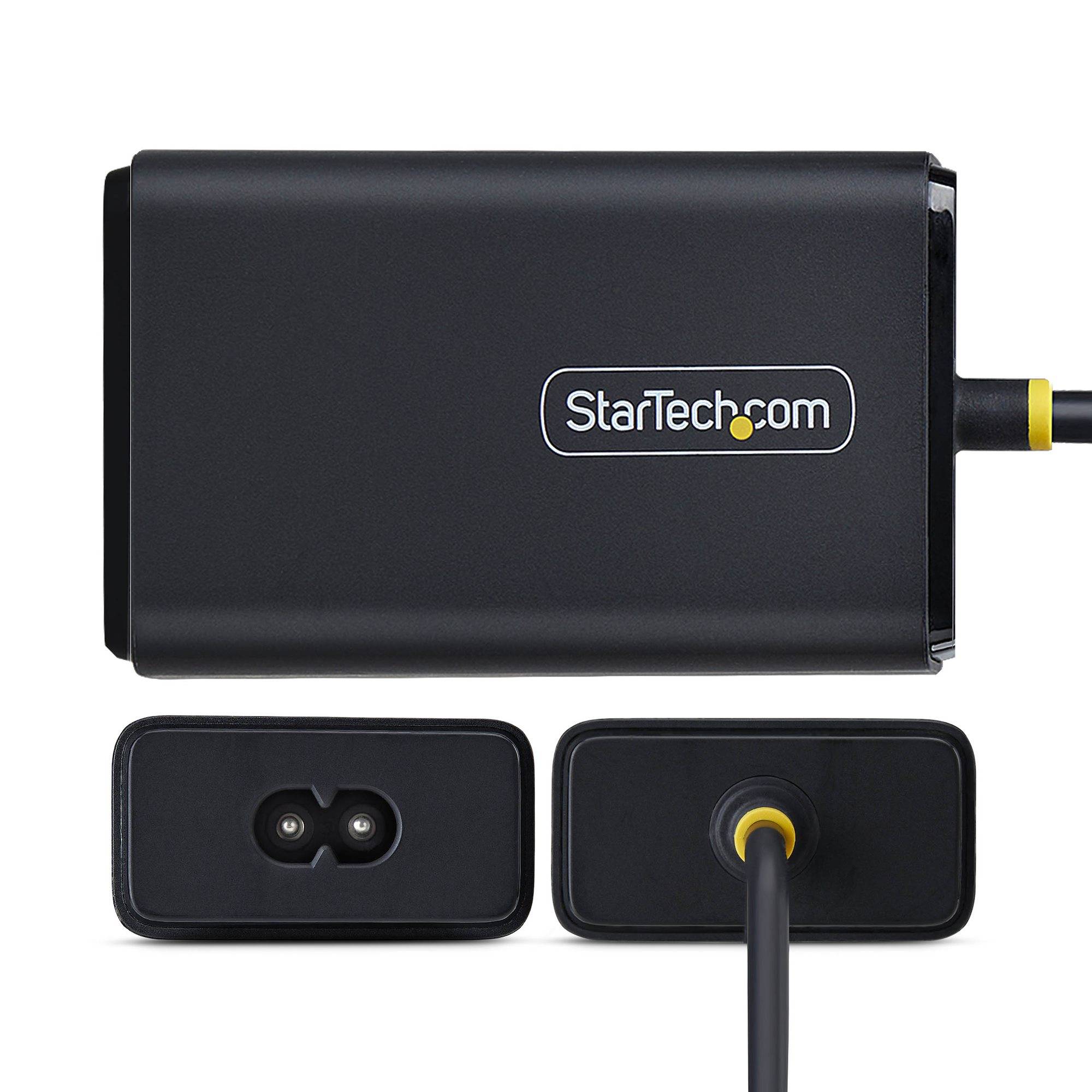 Black StarTech.com Stromadapter mit zwei Steckeransichten darunter, auf weißem Hintergrund dargestellt.