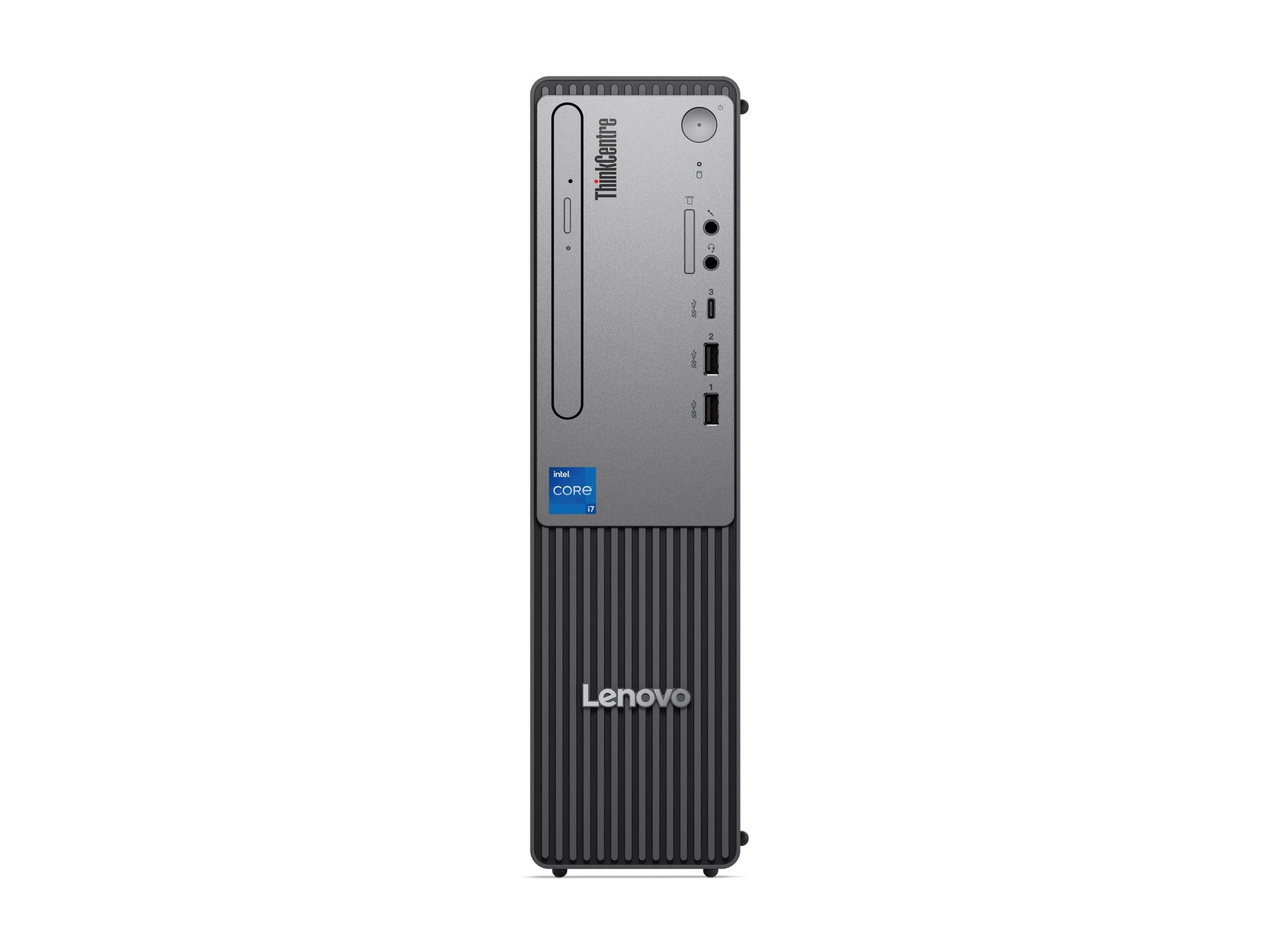 Frontansicht eines schlanken Lenovo ThinkCentre Desktop-Turms mit Stromschalter, optischem Laufwerk, USB-Anschlüssen und Intel Core-Abzeichen.