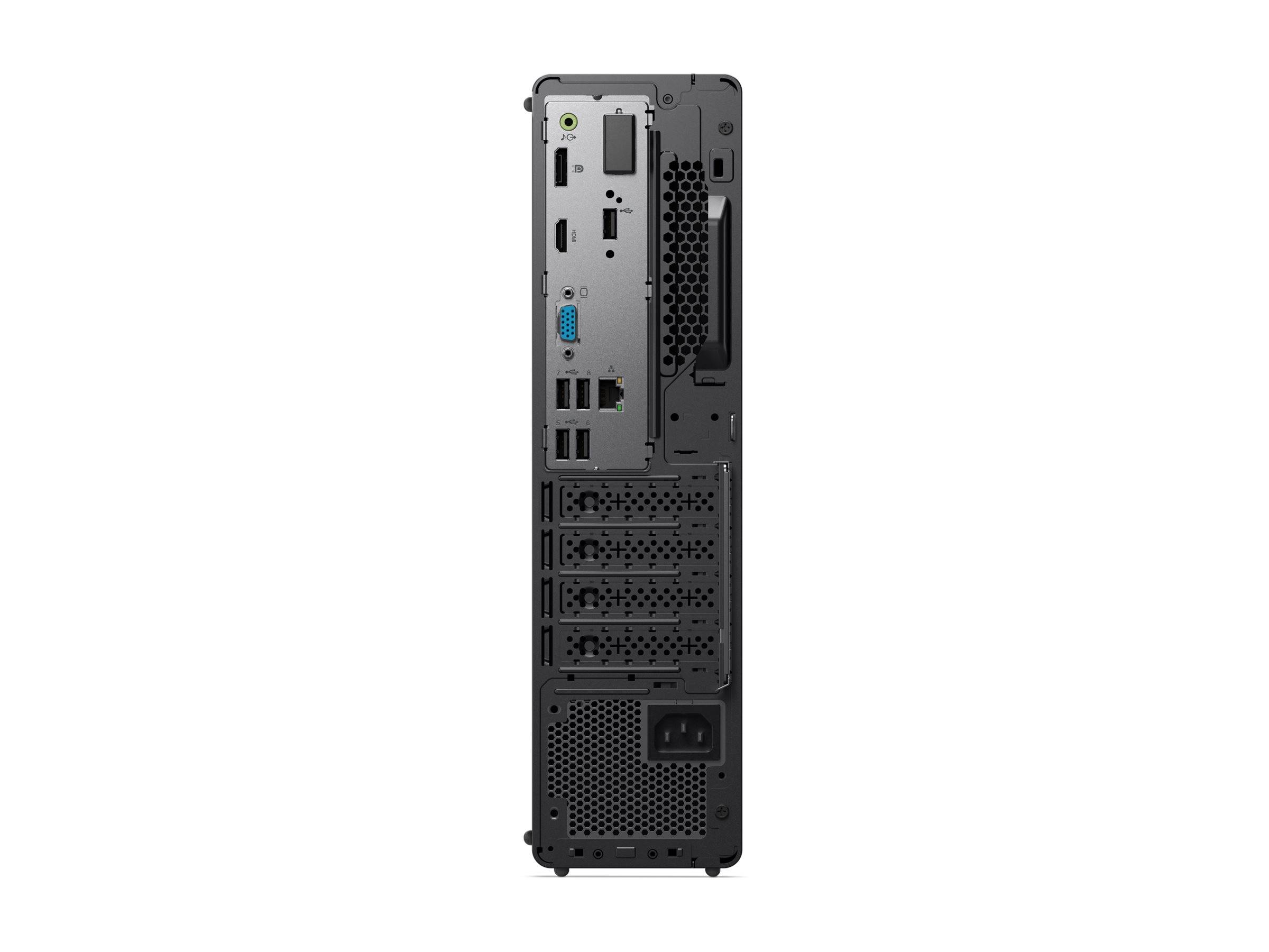 Rückansicht eines schlanken Desktop-Computers mit den hinteren Ein-/Ausgabeanschlüssen, Belüftungsgittern, Erweiterungssteckplätzen und Stromstecker.