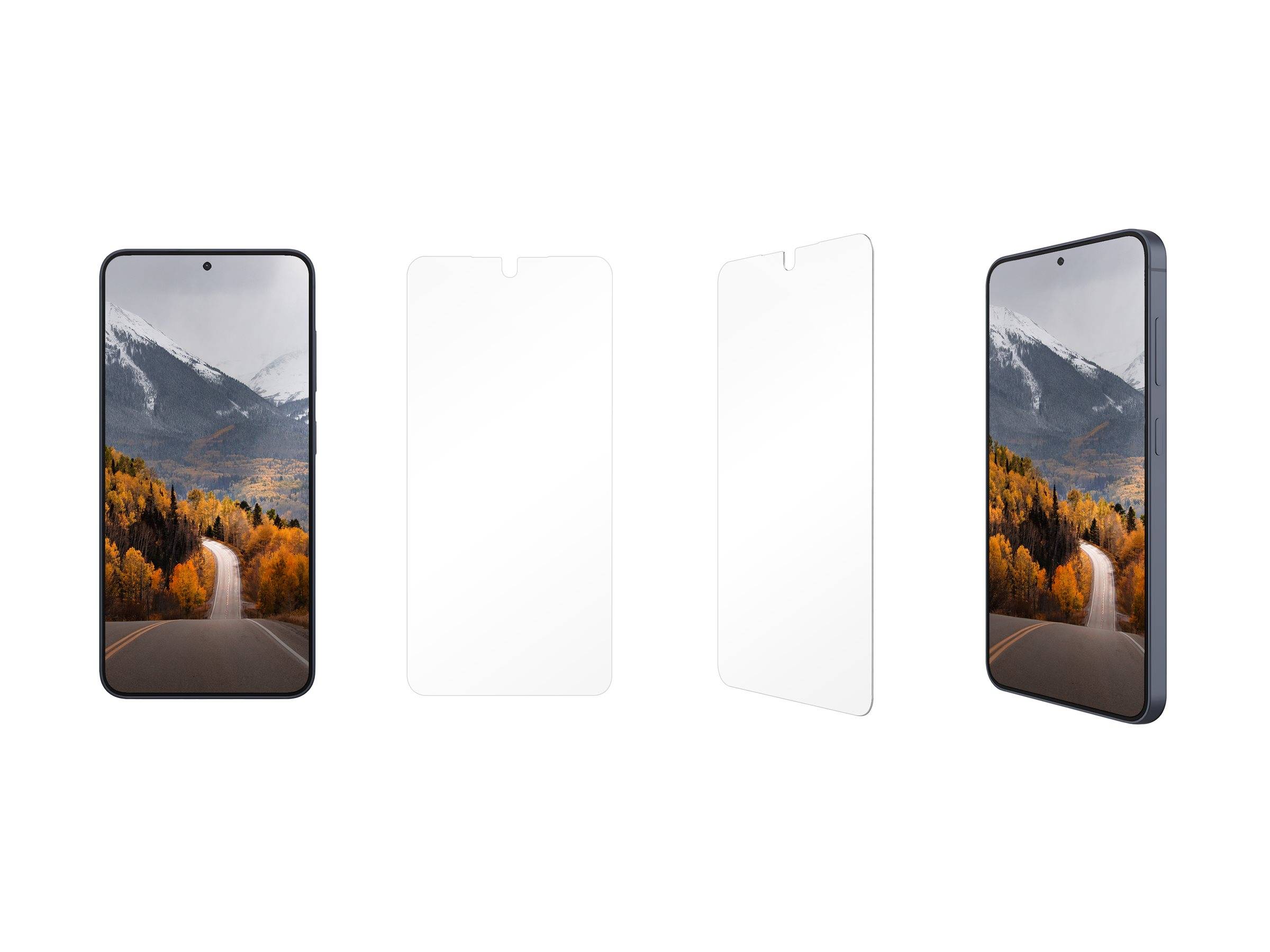 Vier Ansichten einer Smartphone-Displayschutzfolie: zwei vordere Telefon-Mockups mit Bergstraßen-Hintergrundbild und zwei klare Schutzfolien, die von vorne und im Winkel dargestellt sind.