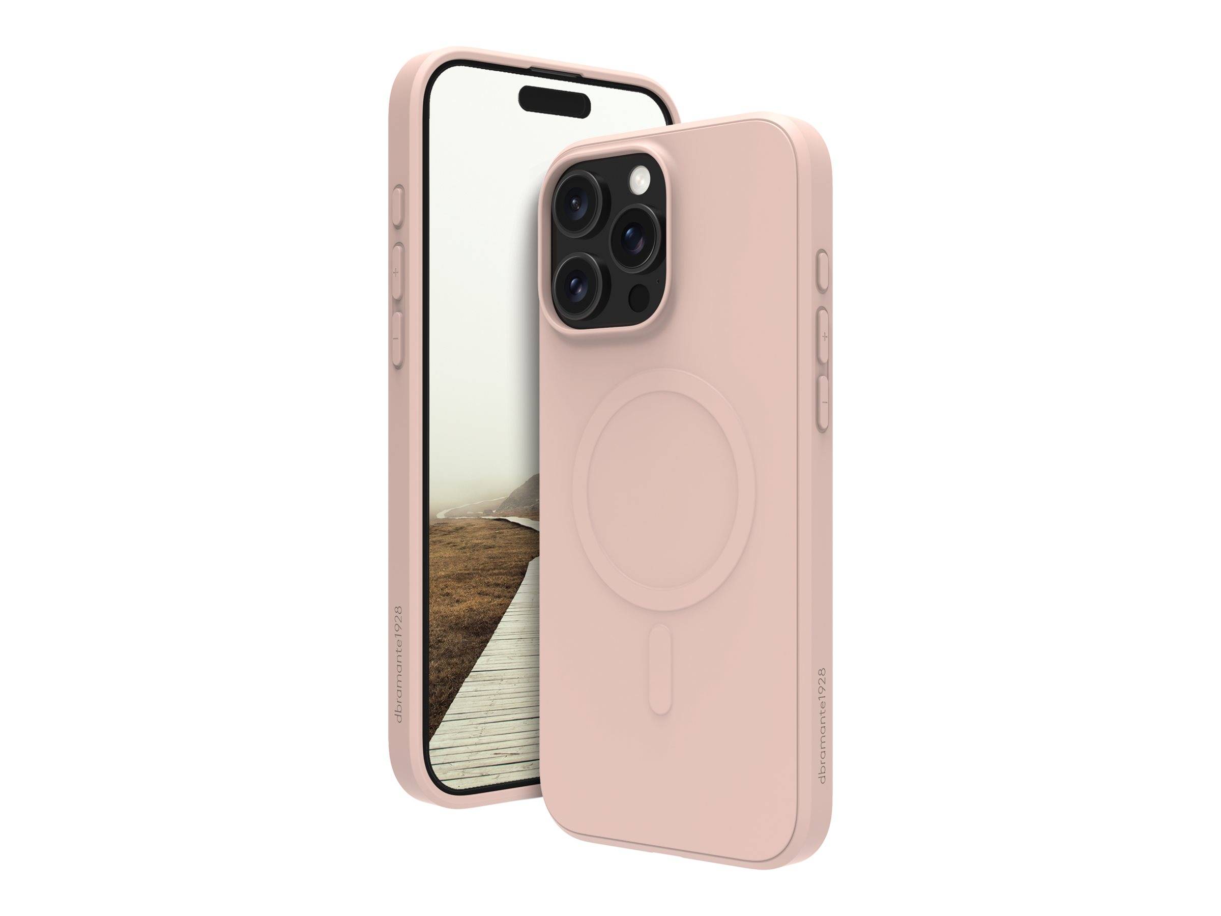 Ein schlankes Smartphone mit großem Bildschirm zeigt ein neblig wirkend wirkendes Bild einer Strandpromenade. Die Rückseite ist mit einem beigen Gehäuse und mehreren Kameraobjektiven ausgestattet.