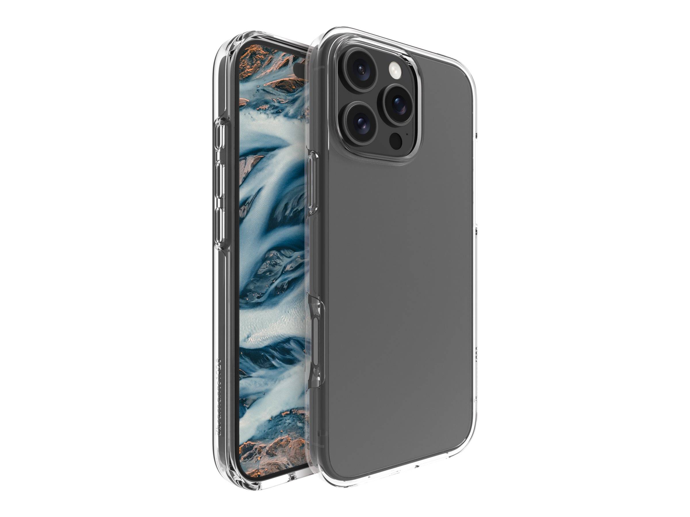 Ein Smartphone mit einer Triple-Lens-Kamera wird von vorne und von hinten gezeigt. Der Bildschirm zeigt ein abstraktes, wirbelndes blau-weißes Muster.