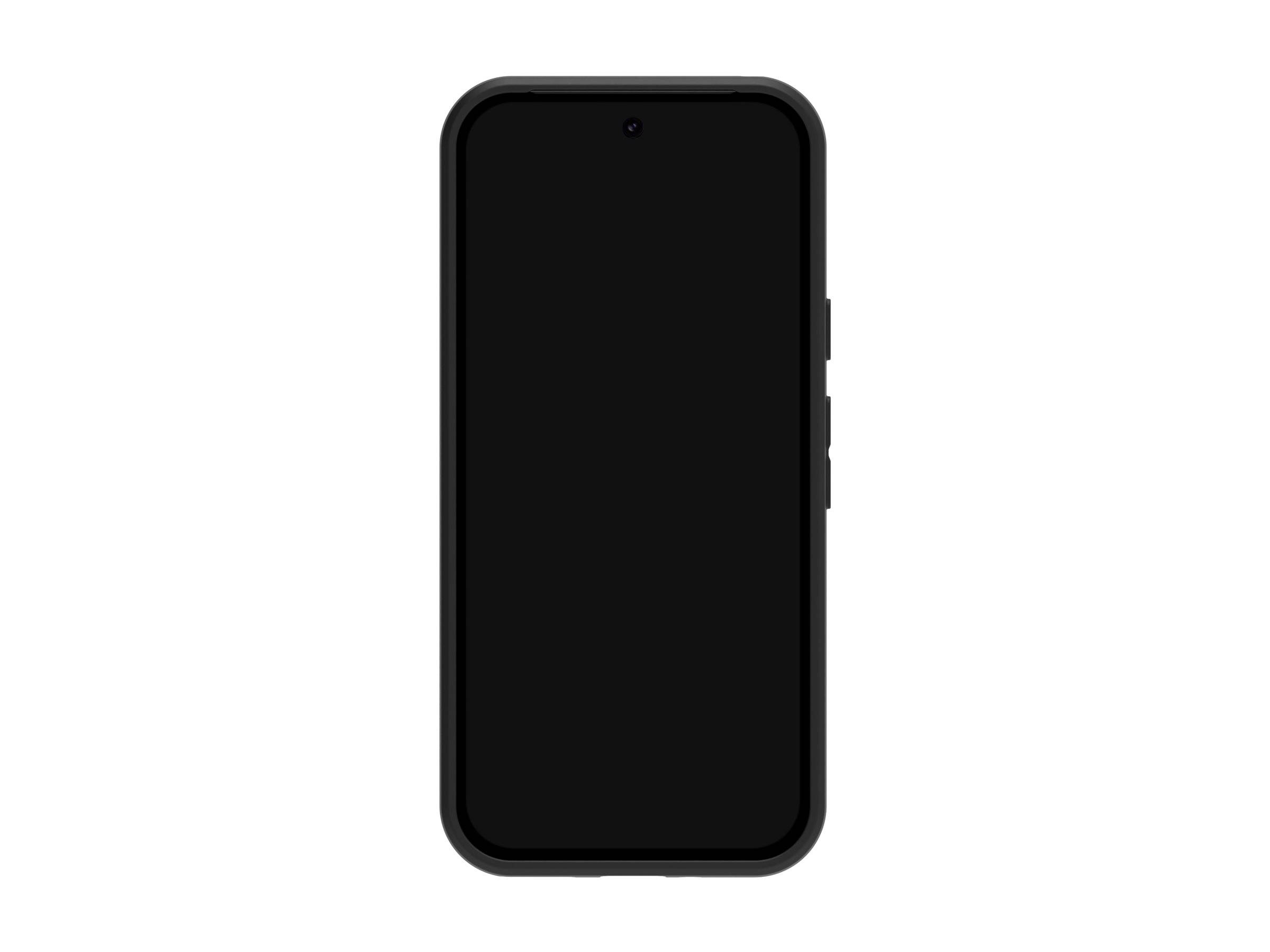 Vorderansicht eines schwarzen Smartphones mit leerem Bildschirm auf weißem Hintergrund.