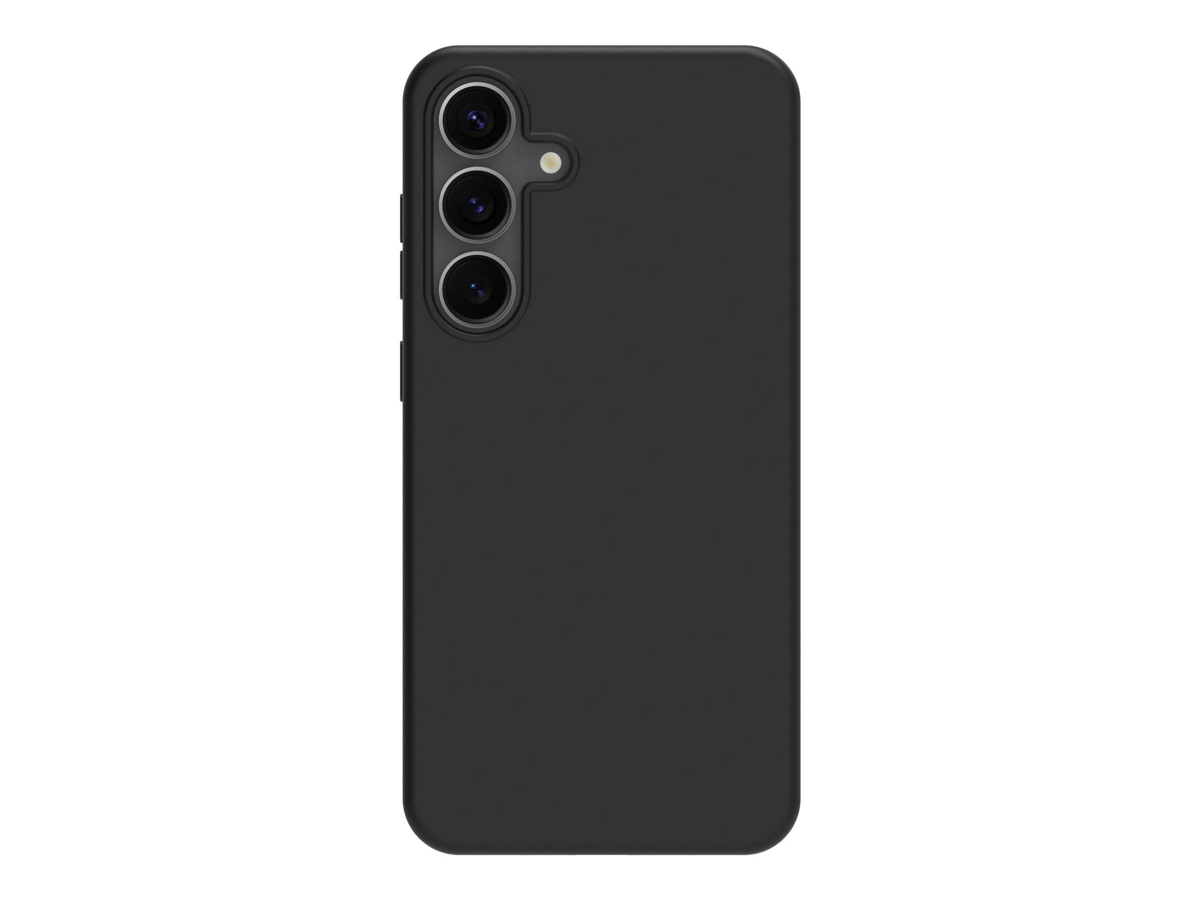 Schwarze Smartphone-Schutzhülle mit dreifachem Kameraausschnitt auf der Rückseite, entworfen für ein modernes Telefon.