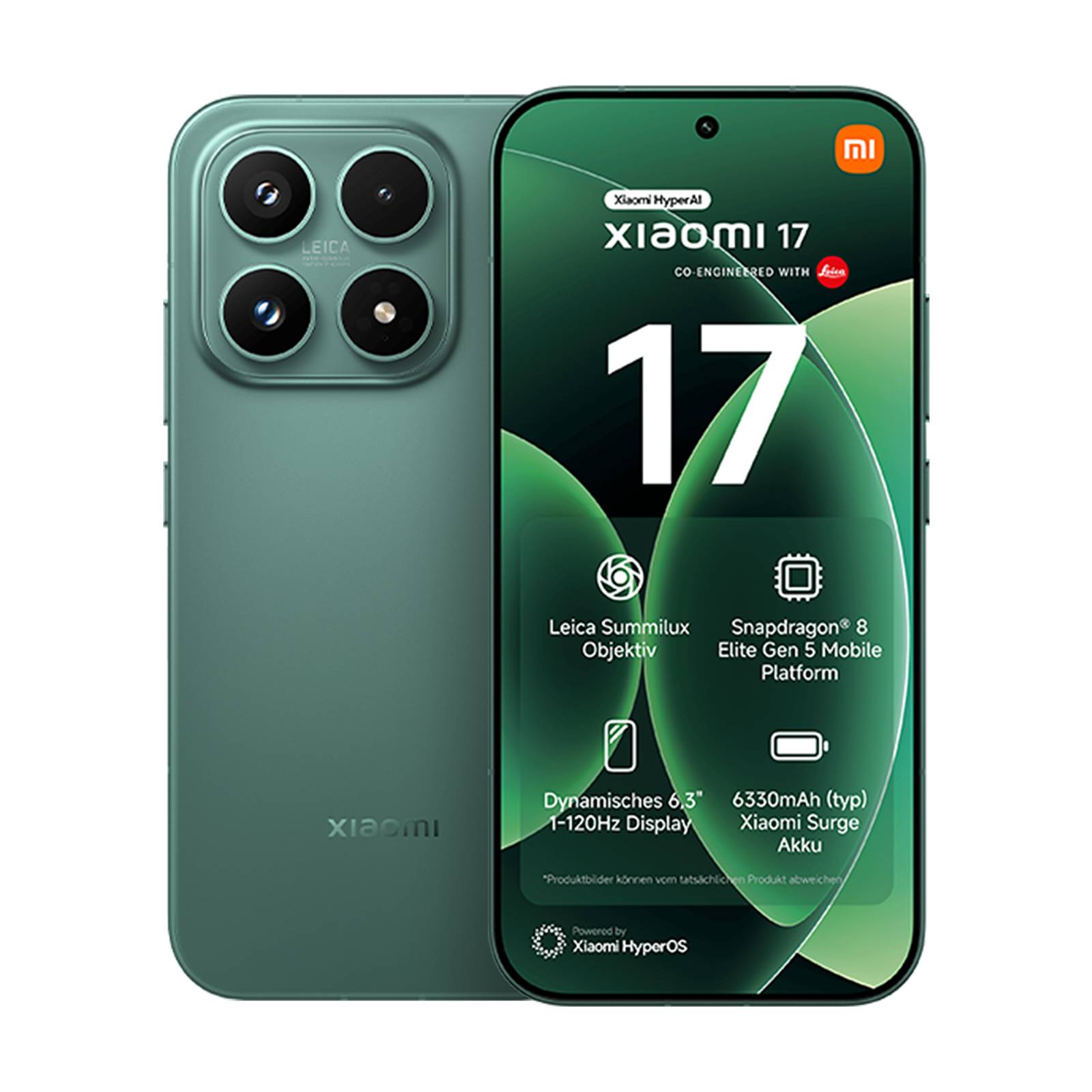 Xiaomi 17 Smartphone mit Vorder- und Rückseite in grünem Design; Display zeigt 17 und Features wie Leica-Kamera, 6,3-Zoll-120Hz-Display, Snapdragon 8 Elite und 6330mAh-Akku.
