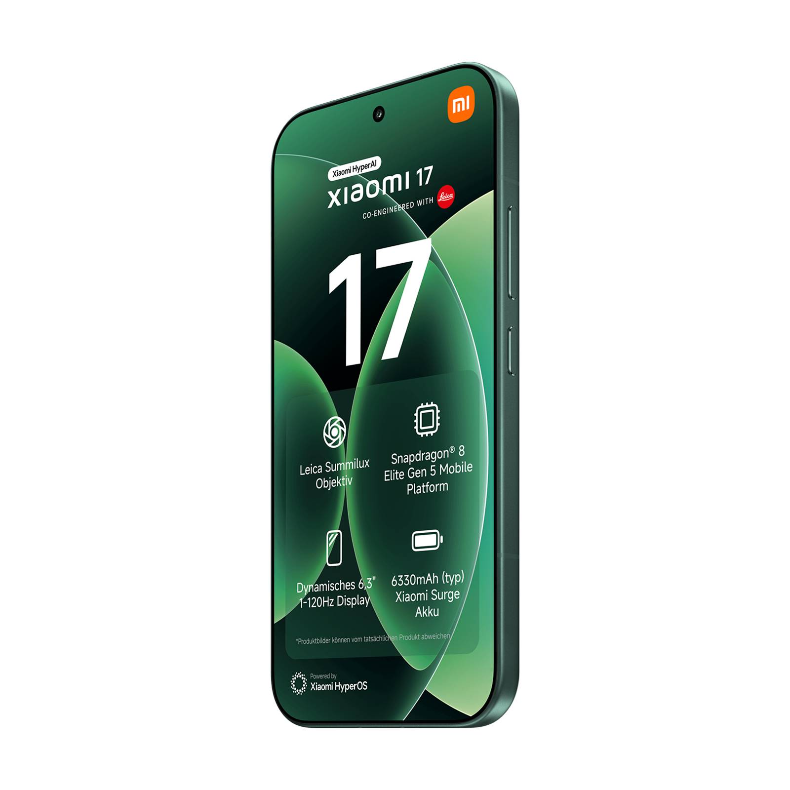 Werbebild eines Xiaomi 17 Smartphones auf schwarzem Hintergrund, das den Frontbildschirm mit großem „17" und Funktionssymbolen für Leica-Kamera, Snapdragon 8 Elite, 6,3-Zoll-120Hz-Display und 6330-mAh-Akku zeigt.