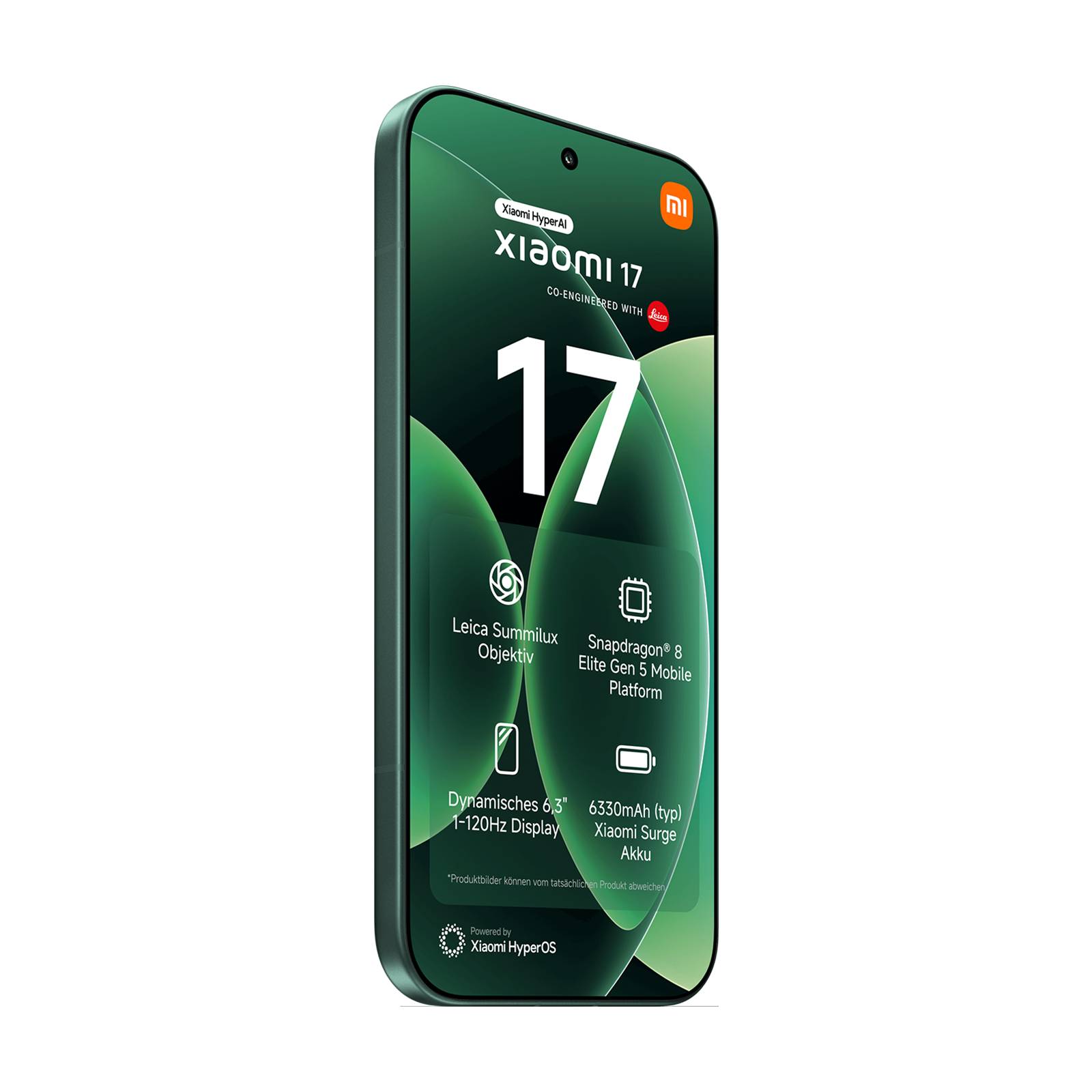 Xiaomi 17 Smartphone von vorne gezeigt mit grünem Bildschirm, großem "17""-Text und Funktionssymbolen für Leica-Kamera, Snapdragon 8 Elite Gen 5, 120Hz-Display und 6330-mAh-Akku.